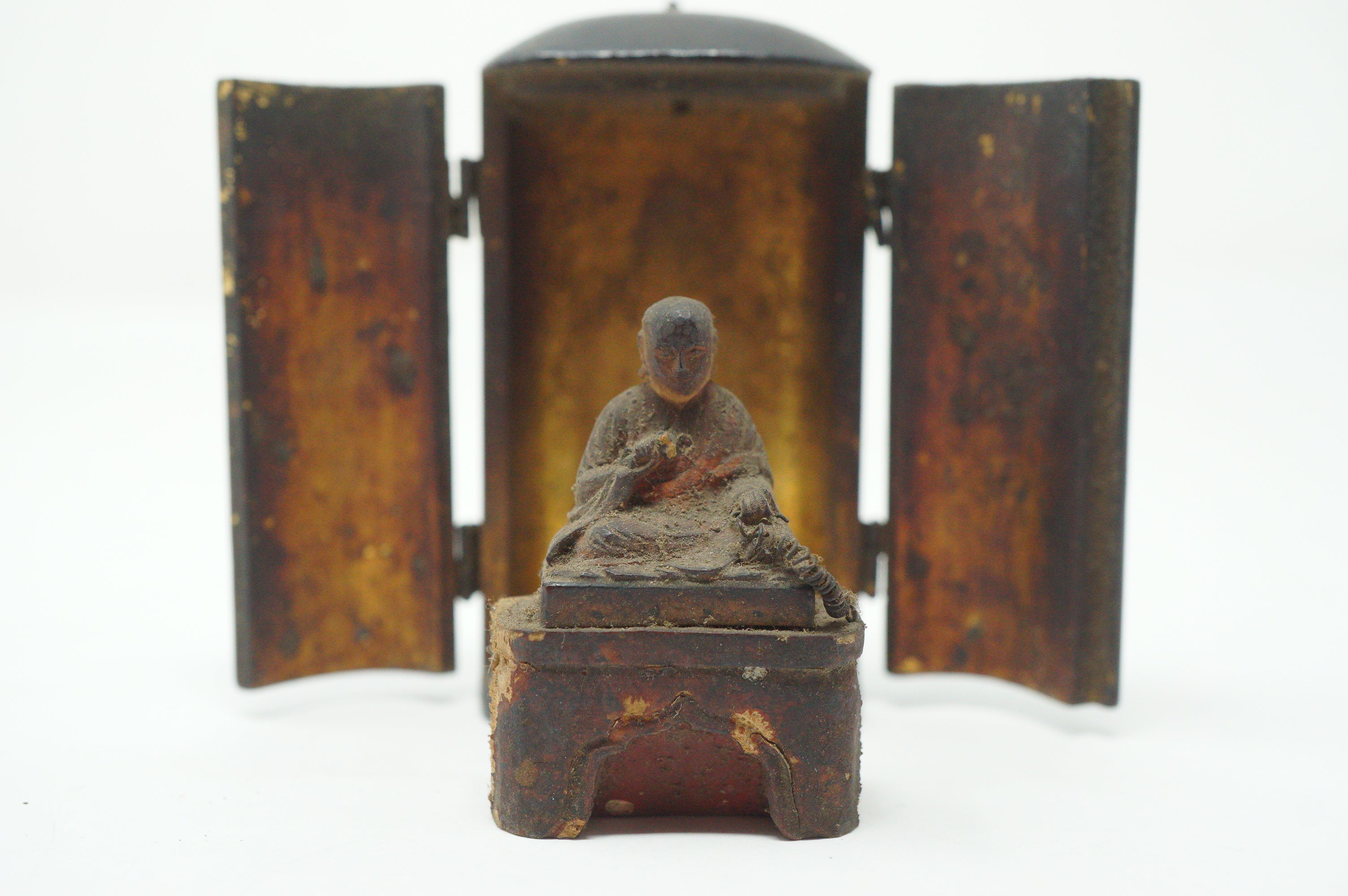 Japanese Buddhist Monk finely carved Antique Kobo Daishi in Mini Wooden House 1211F2