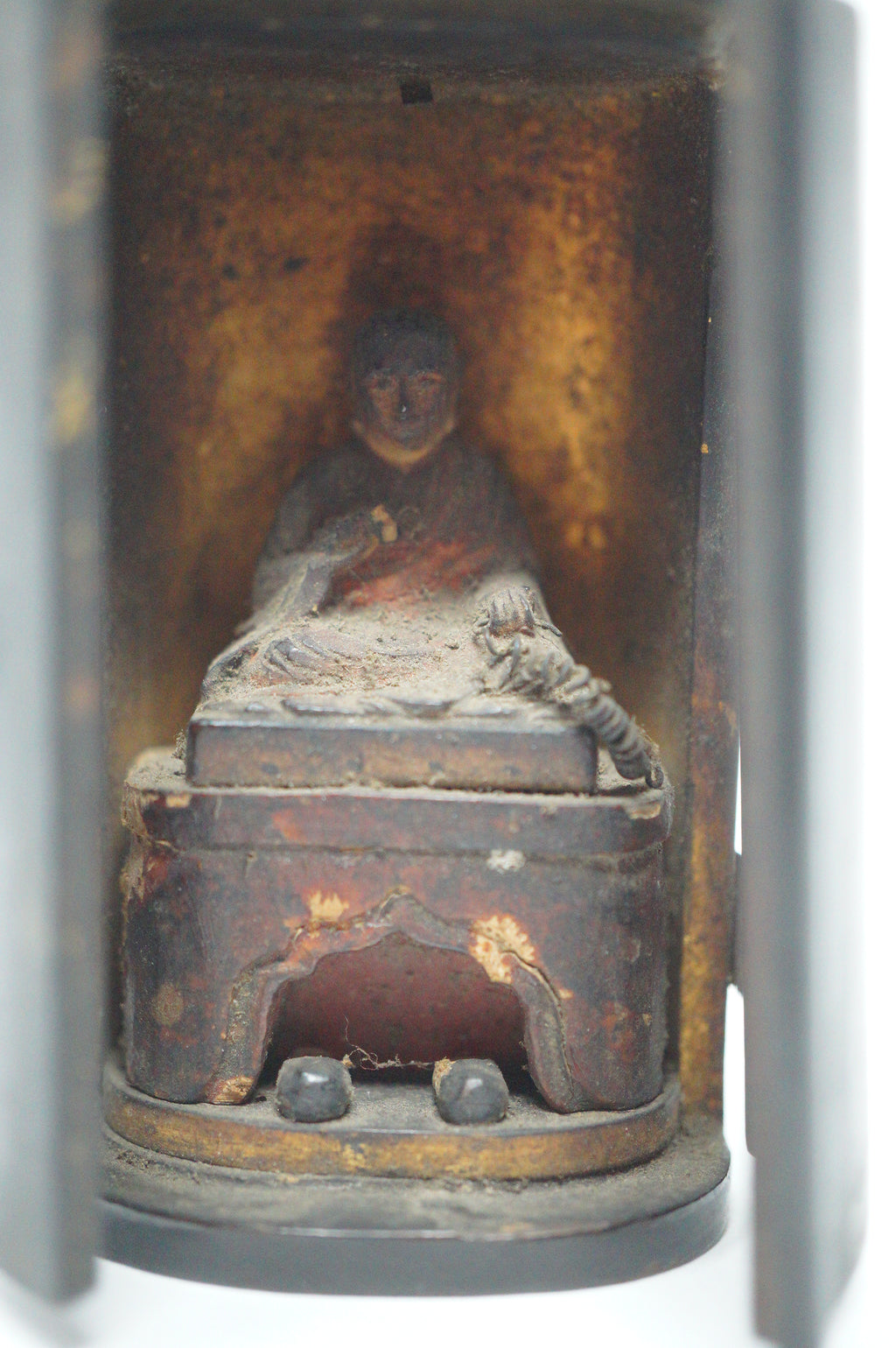 Japanese Buddhist Monk finely carved Antique Kobo Daishi in Mini Wooden House 1211F2