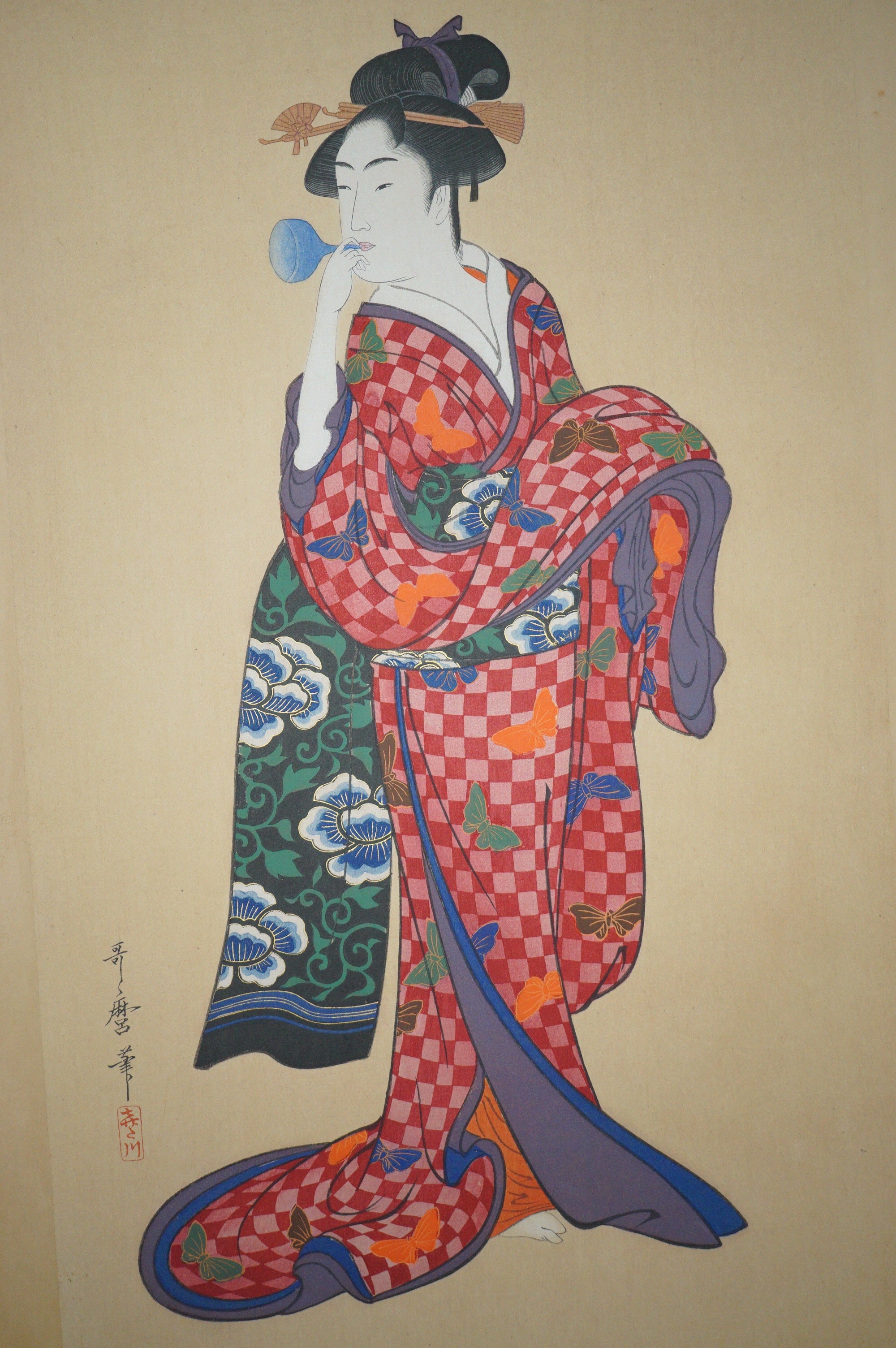 Hochwertiger Binjinga-Holzschnitt von Kitagawa Utamaro Vintage Recarved Edition 0622D2