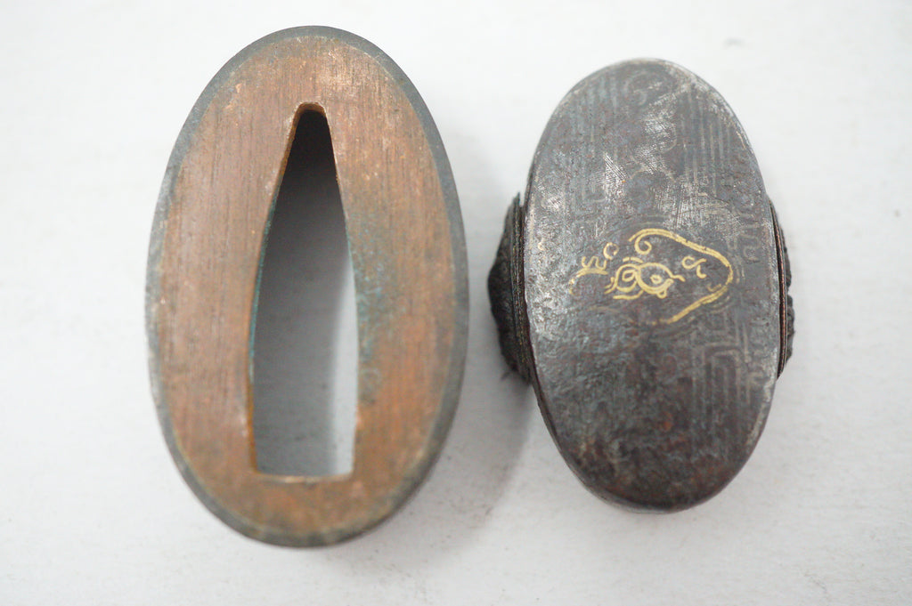 Edo Period Japanese Fuchi Kashira Handle Components Fine Kin Zogan Motif 0623G32