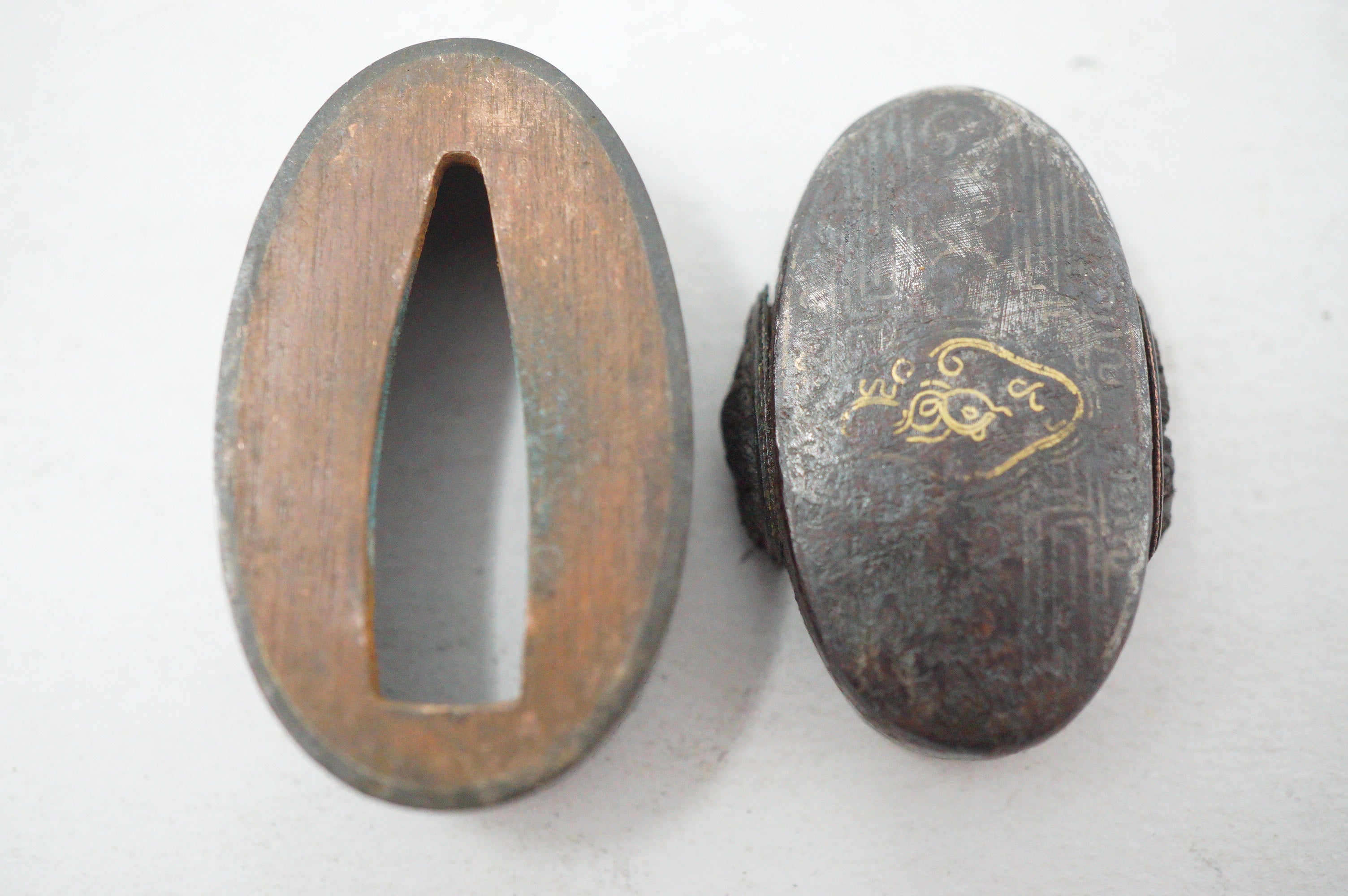 Edo Period Japanese Fuchi Kashira Handle Components Fine Kin Zogan Motif 0623G32