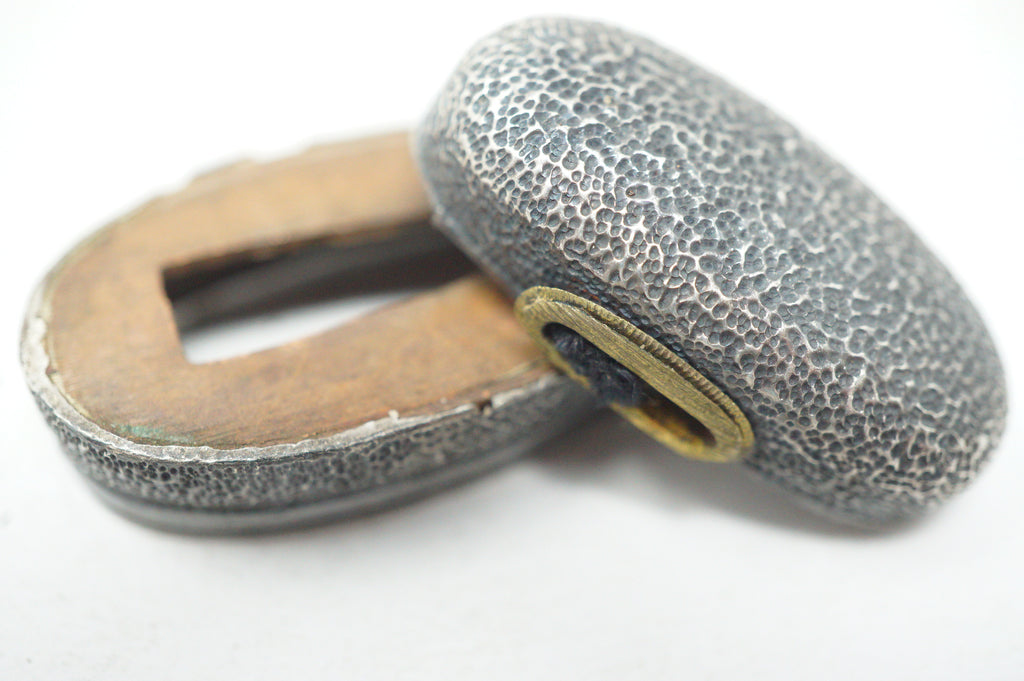 Matching Antique Japanese Fuchi Kashira Set Silvered Hammered Ishime Fittings 0623G33