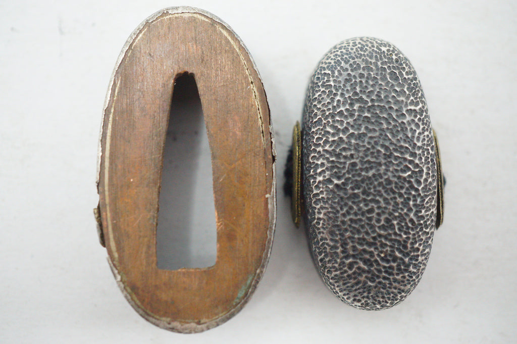 Matching Antique Japanese Fuchi Kashira Set Silvered Hammered Ishime Fittings 0623G33