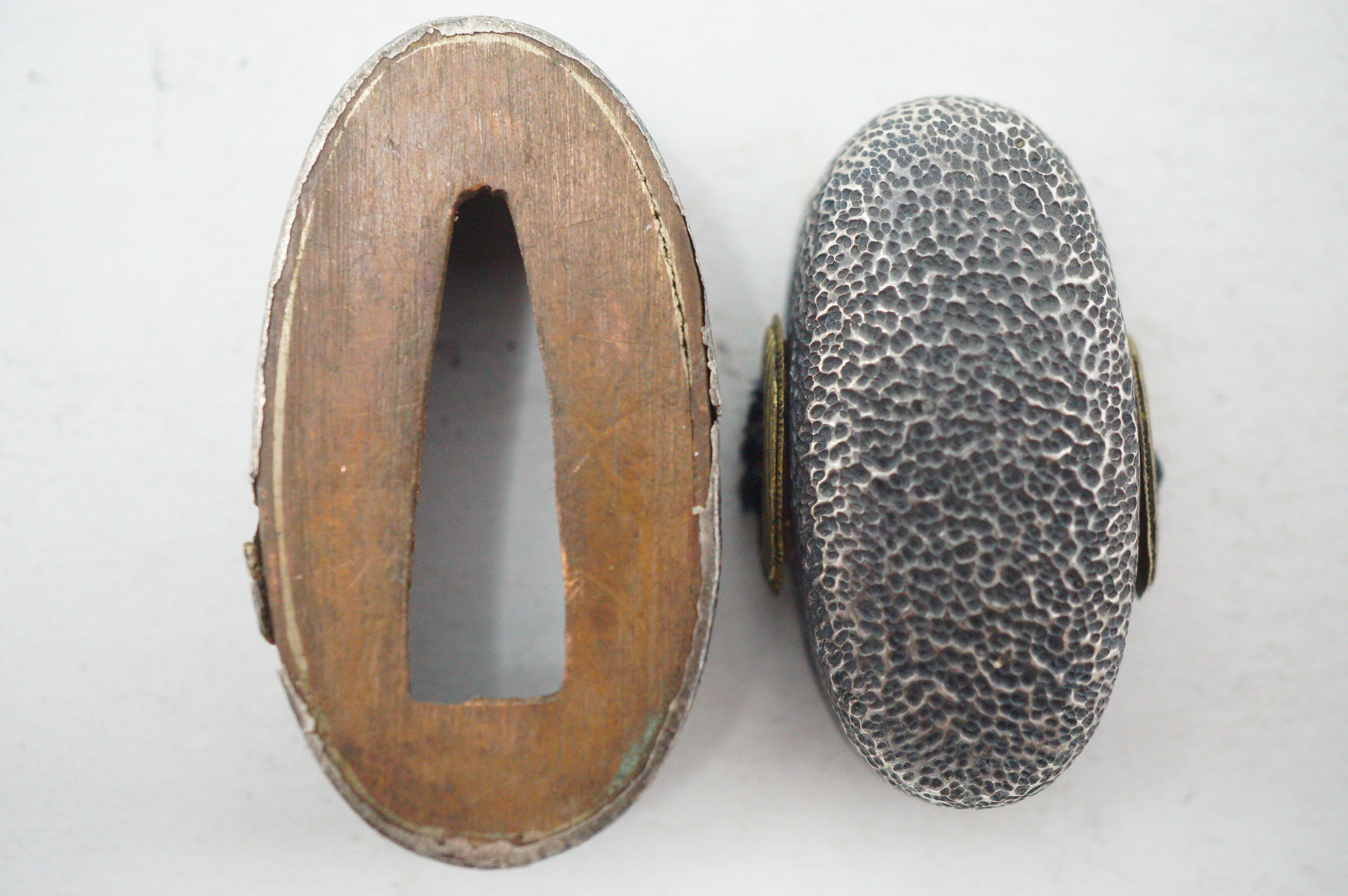 Matching Antique Japanese Fuchi Kashira Set Silvered Hammered Ishime Fittings 0623G33