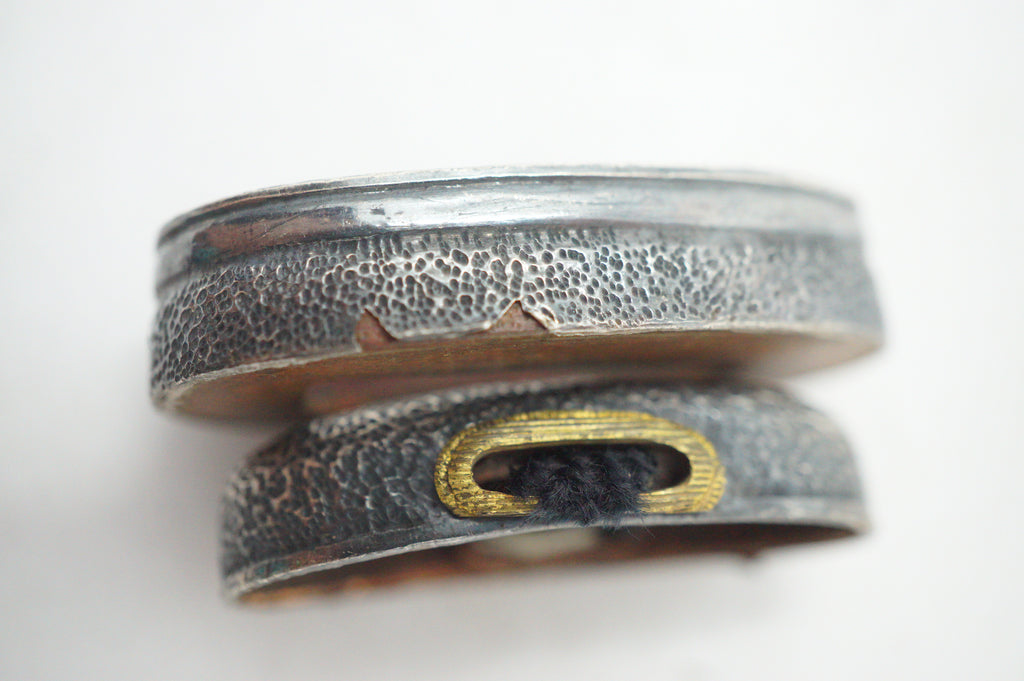 Matching Antique Japanese Fuchi Kashira Set Silvered Hammered Ishime Fittings 0623G33