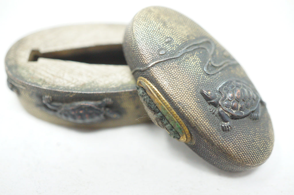 Edo Period Japanese Fuchi Kashira Handle Components Tortoise Kame Motif 0623G34