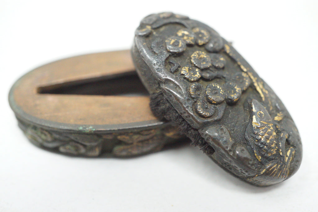 Matching Antique Japanese Fuchi Kashira Set Fish Floral Gold Accent Fittings 0623G35