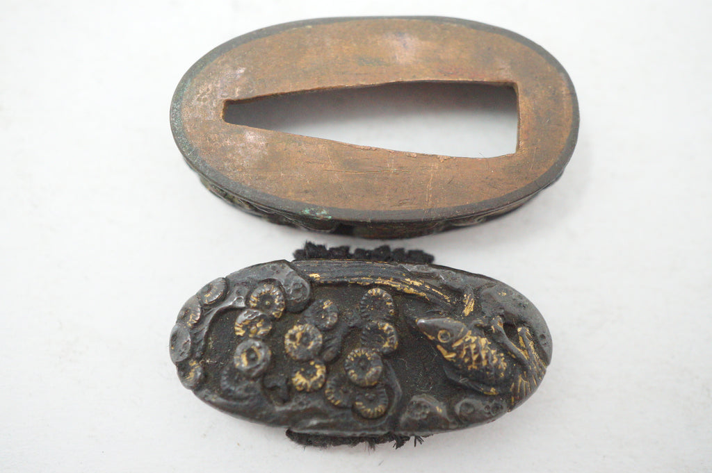 Matching Antique Japanese Fuchi Kashira Set Fish Floral Gold Accent Fittings 0623G35