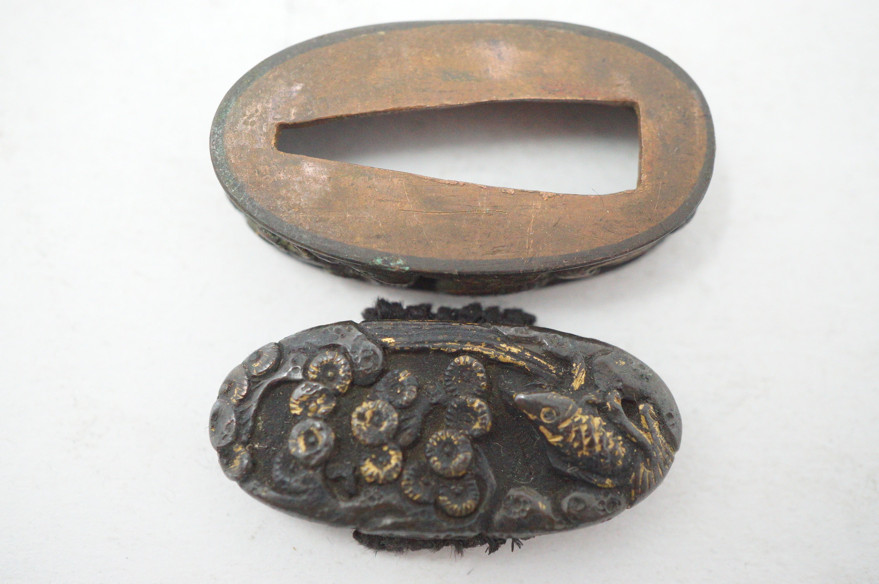 Matching Antique Japanese Fuchi Kashira Set Fish Floral Gold Accent Fittings 0623G35