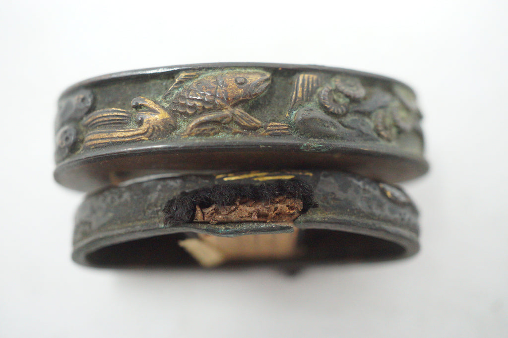 Matching Antique Japanese Fuchi Kashira Set Fish Floral Gold Accent Fittings 0623G35