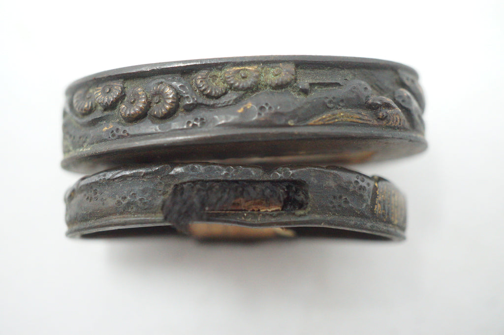 Matching Antique Japanese Fuchi Kashira Set Fish Floral Gold Accent Fittings 0623G35