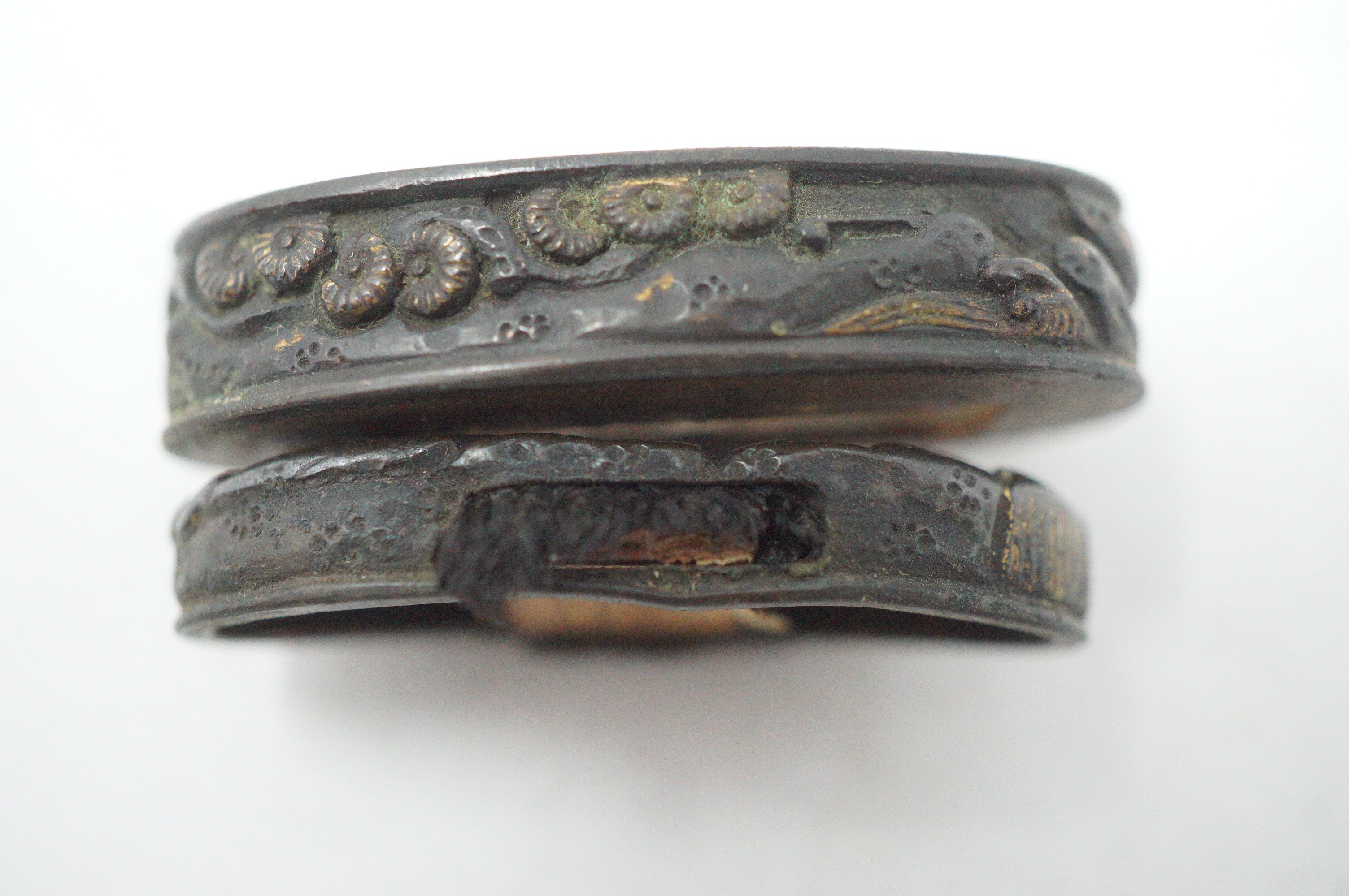 Matching Antique Japanese Fuchi Kashira Set Fish Floral Gold Accent Fittings 0623G35