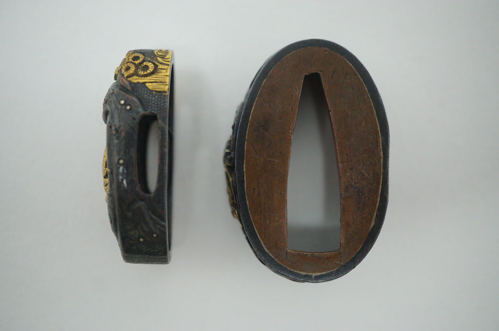 Japanese Kashira & Fuchi Sword Parts Set Wise Man Design with Gold Inlays 0706D3
