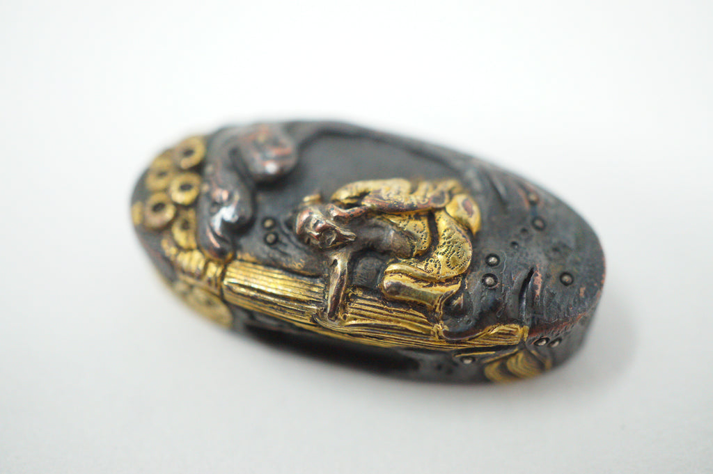 Japanese Kashira & Fuchi Sword Parts Set Wise Man Design with Gold Inlays 0706D3