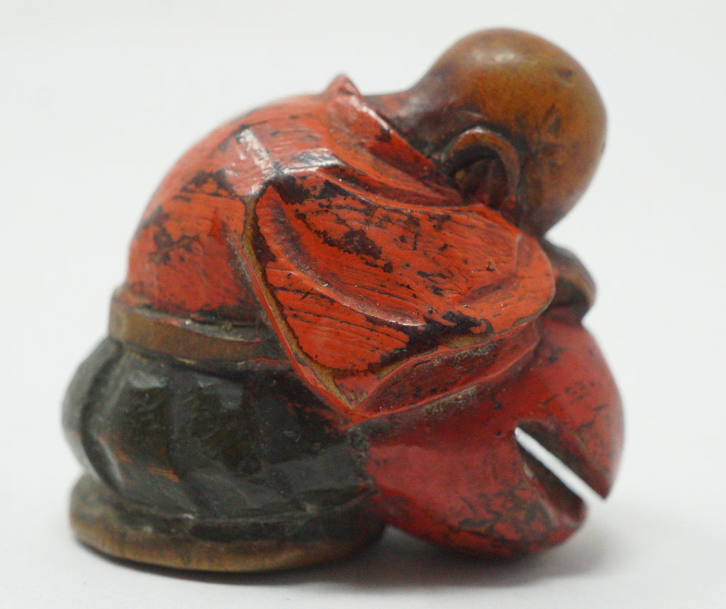 Antique Japanese Wooden Netsuke Sleeping Monk Novice Priest Mokugyo Drum Meiji 0617G3
