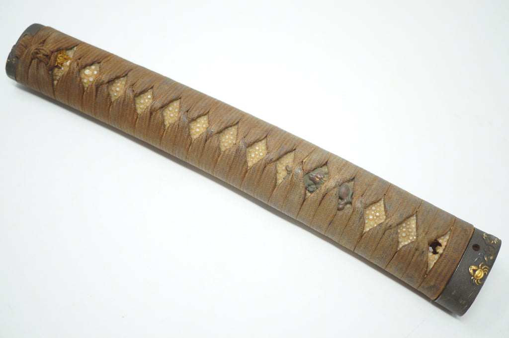 Antique Edo Period Japanese Katana Tsuka • Matching Crab Motif Fuchi • Gold Inlay Menuki Sword Handle 0623G3