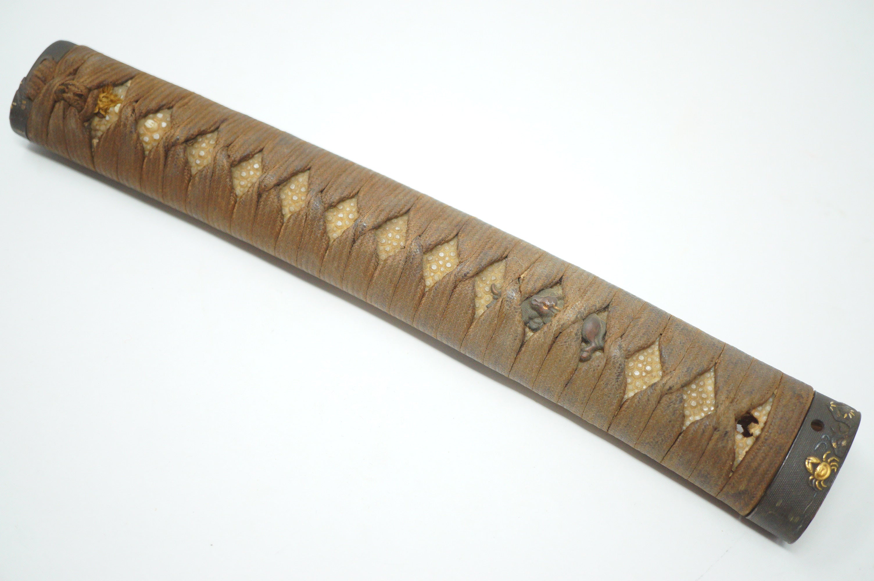 Antique Edo Period Japanese Katana Tsuka • Matching Crab Motif Fuchi • Gold Inlay Menuki Sword Handle 0623G3