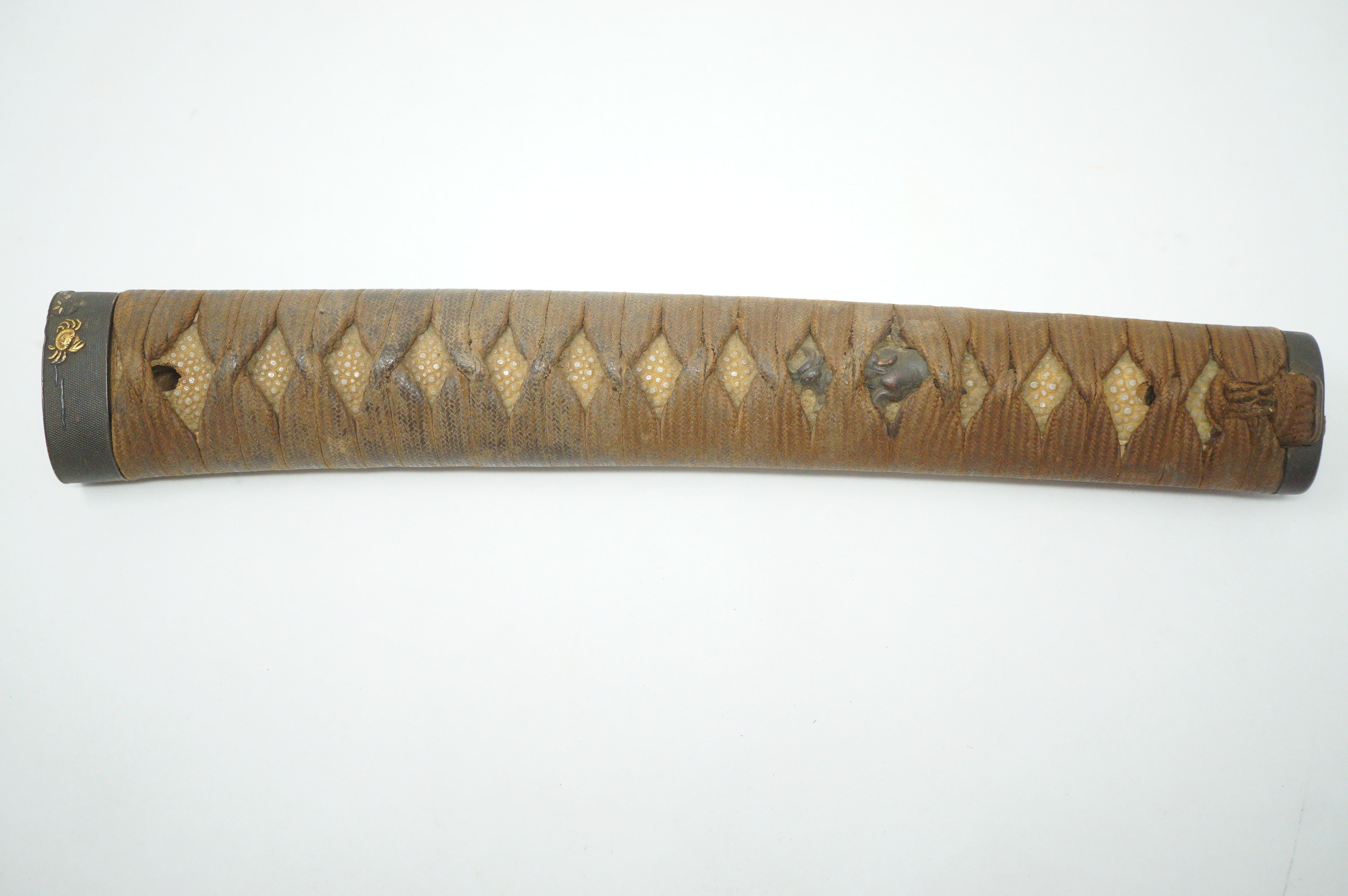 Antique Edo Period Japanese Katana Tsuka • Matching Crab Motif Fuchi • Gold Inlay Menuki Sword Handle 0623G3