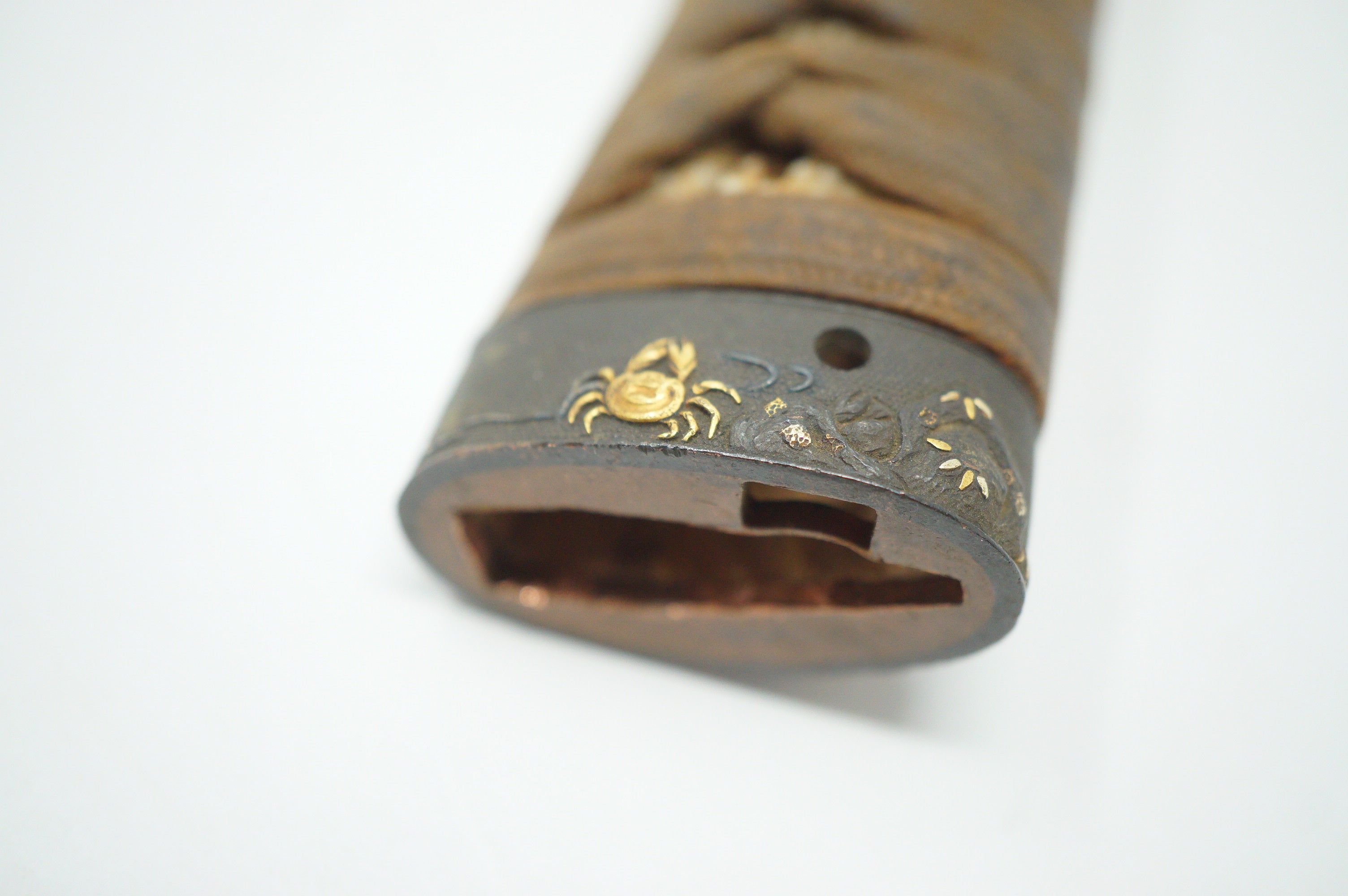 Antique Edo Period Japanese Katana Tsuka • Matching Crab Motif Fuchi • Gold Inlay Menuki Sword Handle 0623G3