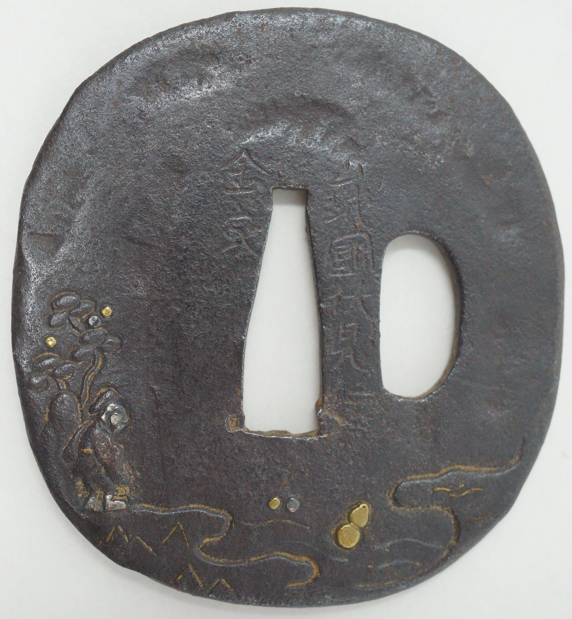 Japanese Tsuba Iron Sword Guard for Katana or Wakizashi Signed with Gold & Silver Inlays 1201F3