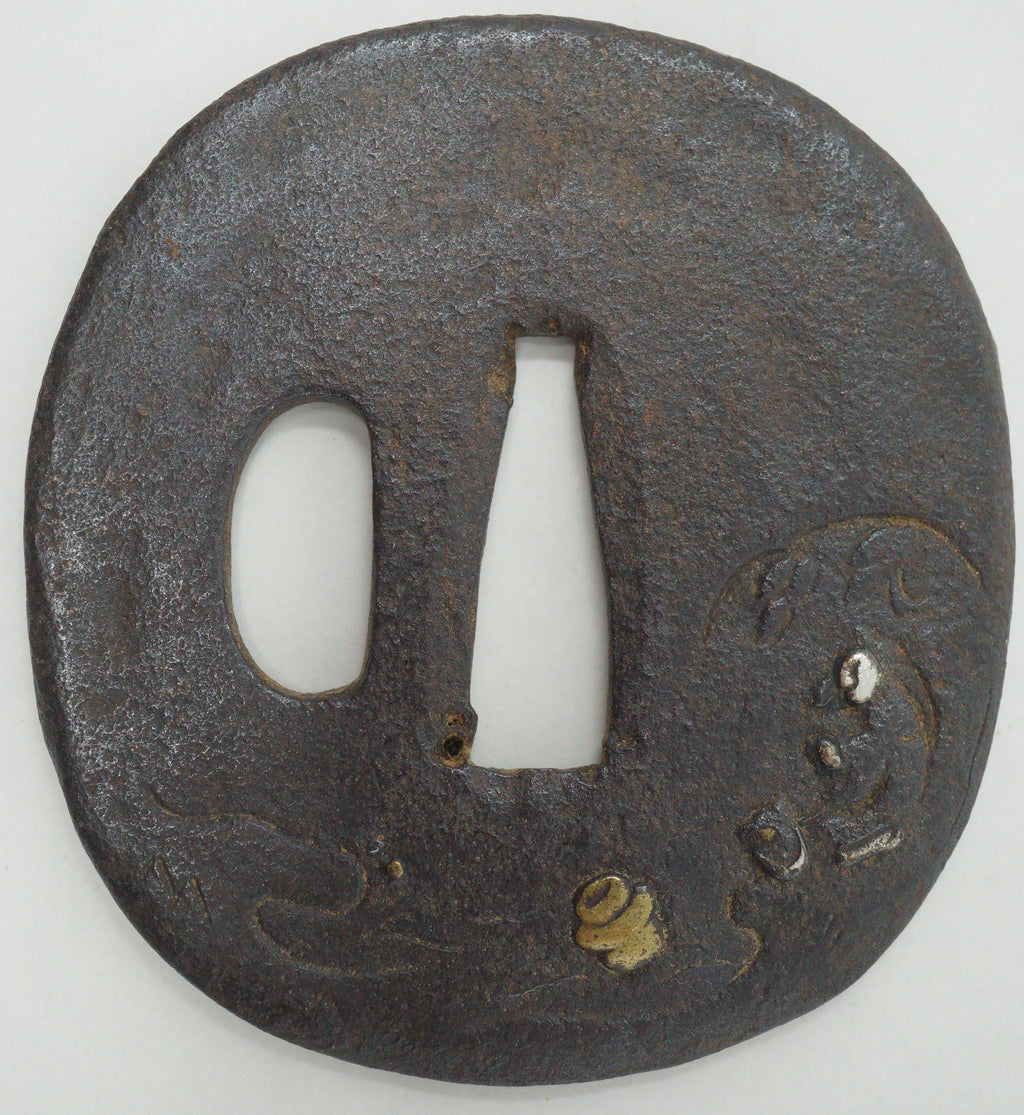 Japanese Tsuba Iron Sword Guard for Katana or Wakizashi Signed with Gold & Silver Inlays 1201F3