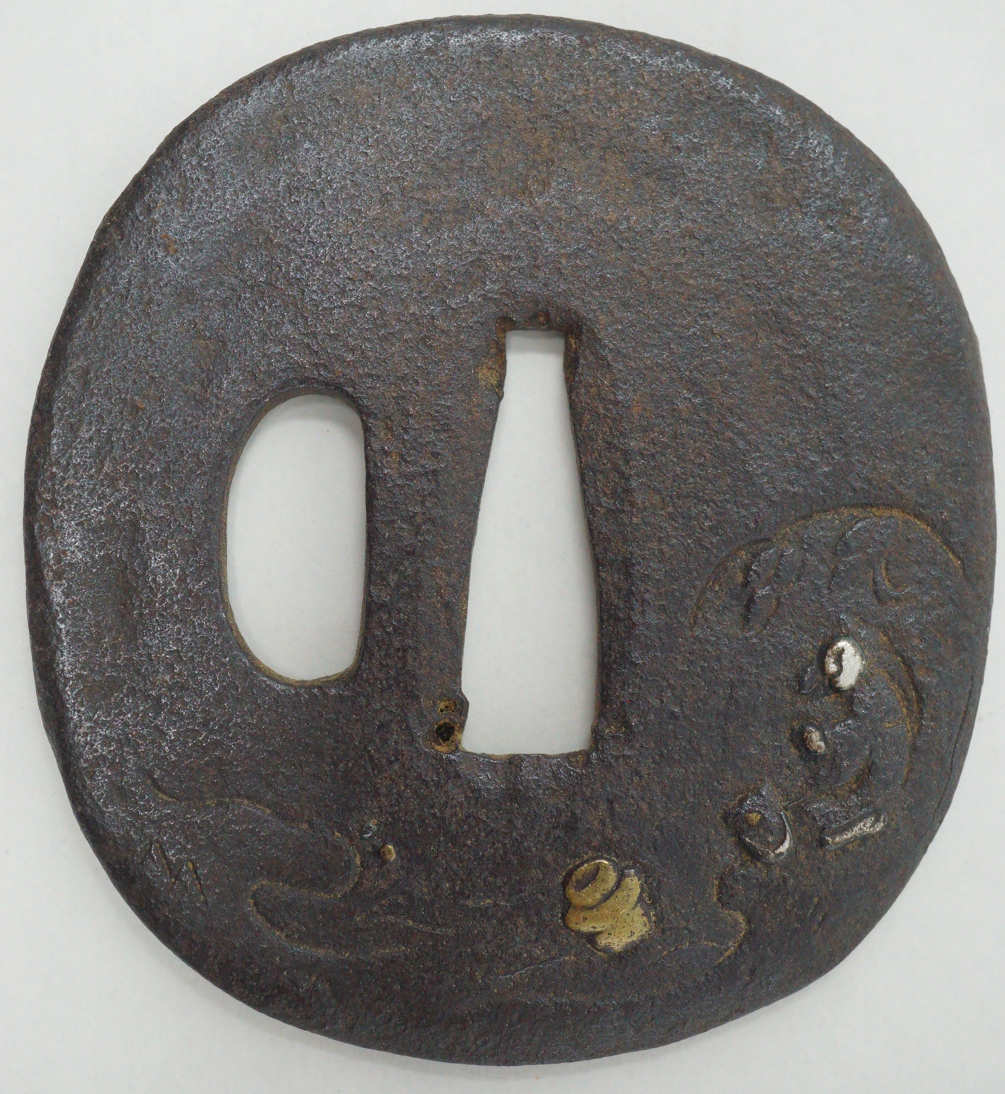 Japanese Tsuba Iron Sword Guard for Katana or Wakizashi Signed with Gold & Silver Inlays 1201F3
