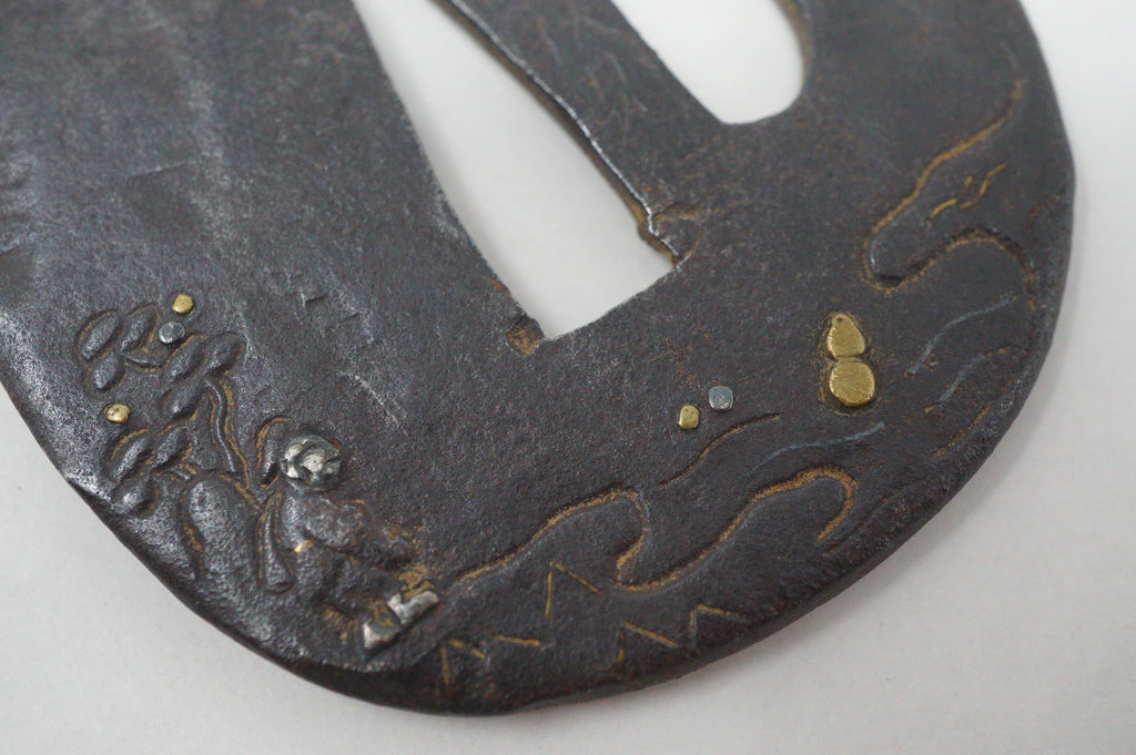 Japanese Tsuba Iron Sword Guard for Katana or Wakizashi Signed with Gold & Silver Inlays 1201F3
