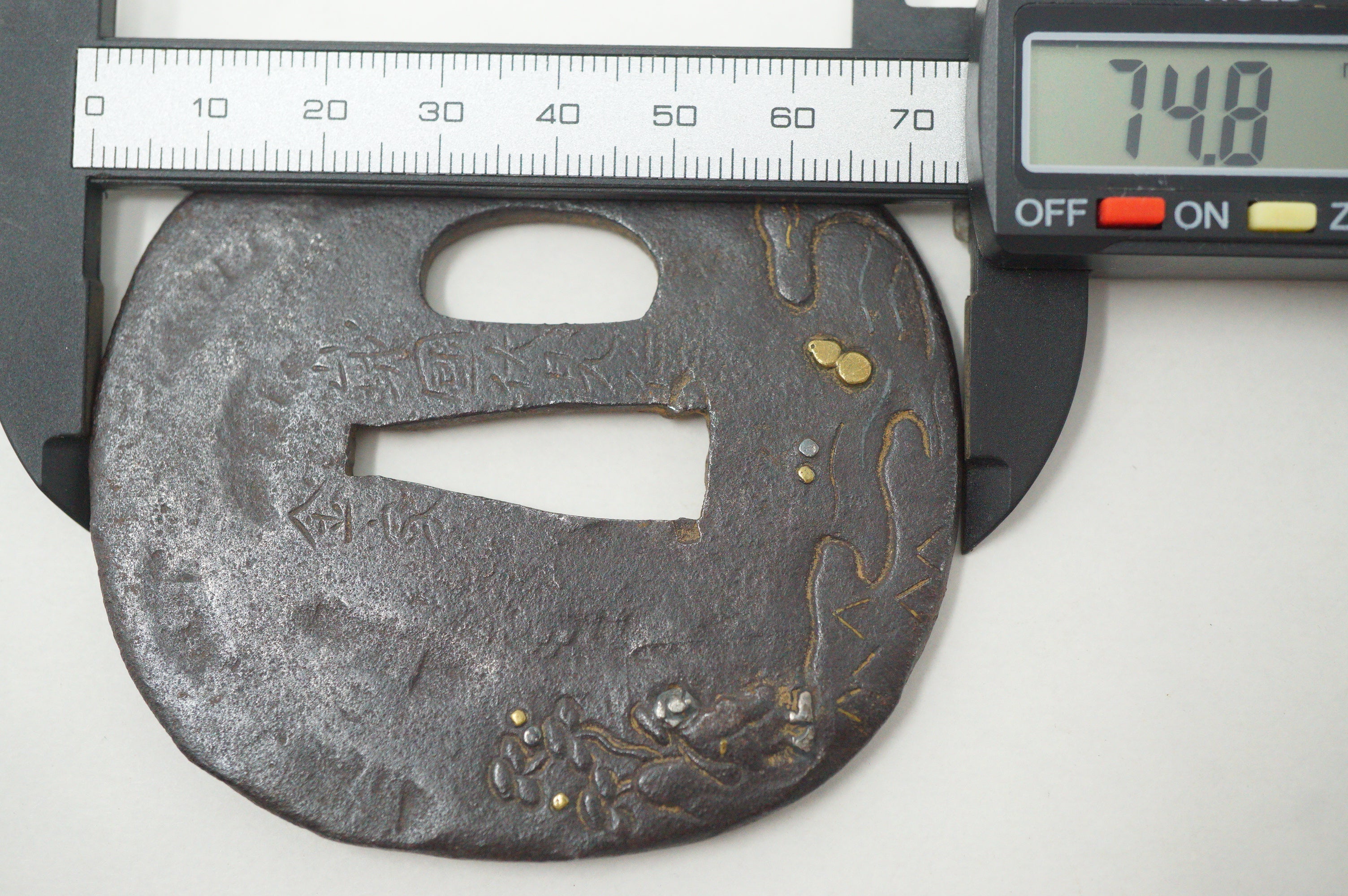 Japanese Tsuba Iron Sword Guard for Katana or Wakizashi Signed with Gold & Silver Inlays 1201F3