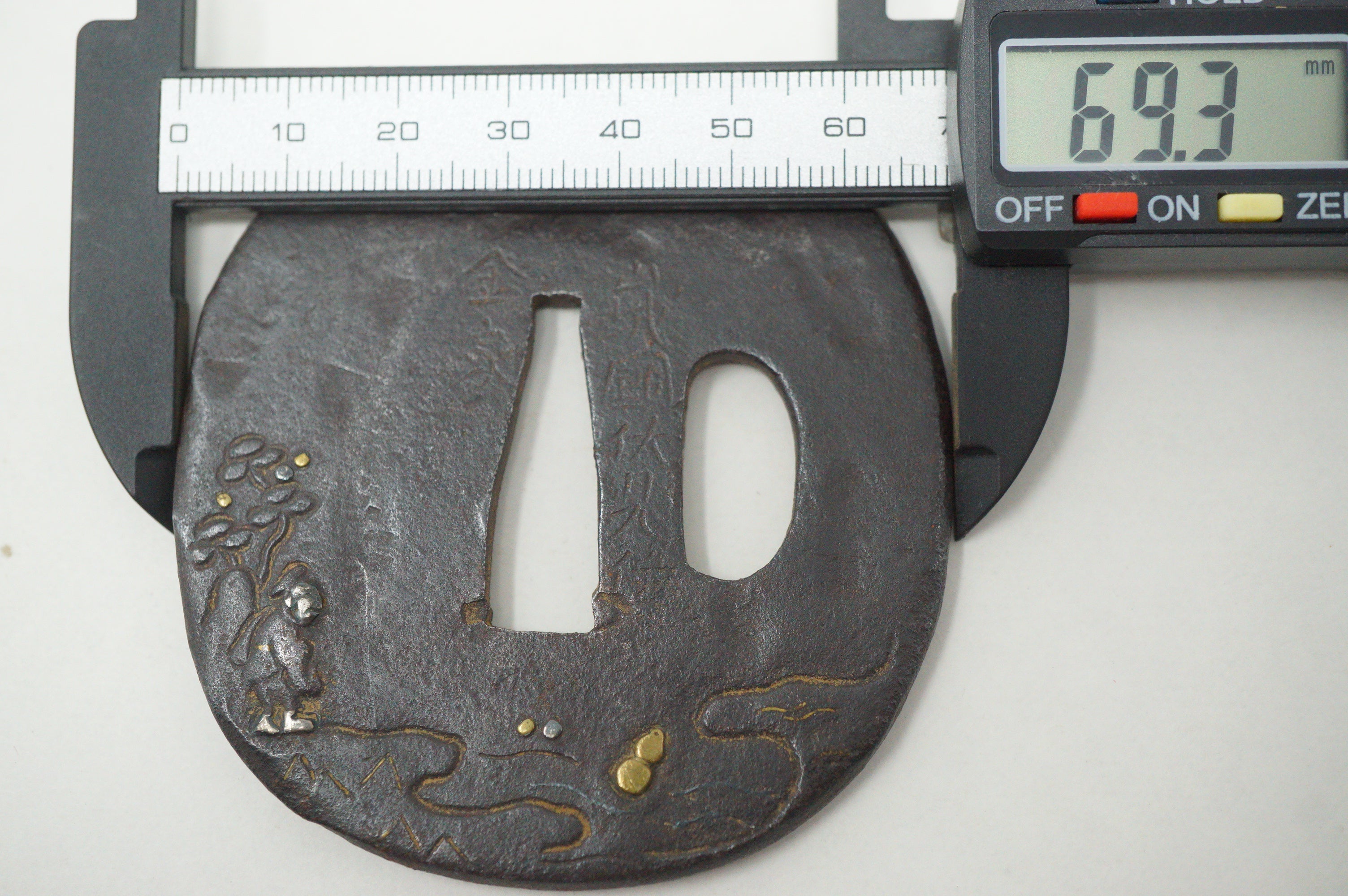 Japanese Tsuba Iron Sword Guard for Katana or Wakizashi Signed with Gold & Silver Inlays 1201F3