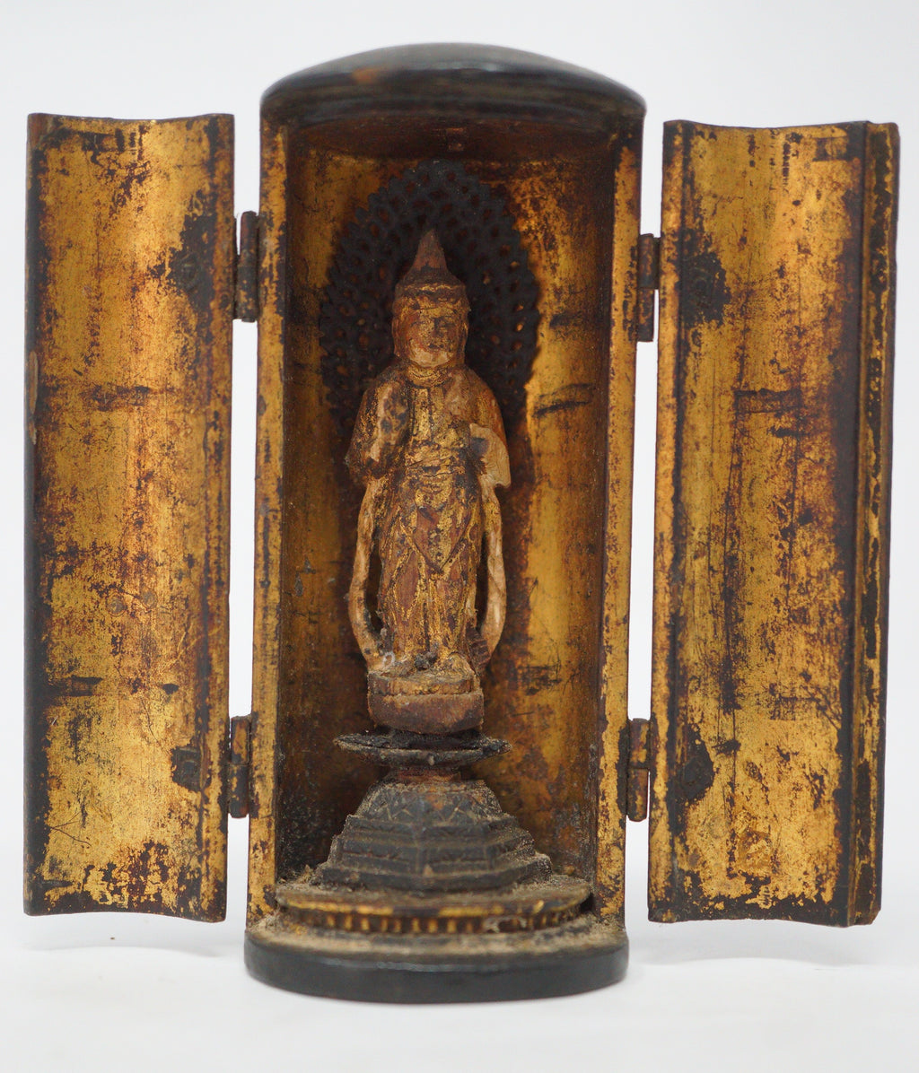 Japanischer Mini-Buddha im Holzhaus, Antik &amp; Original aus Japan 1101D3