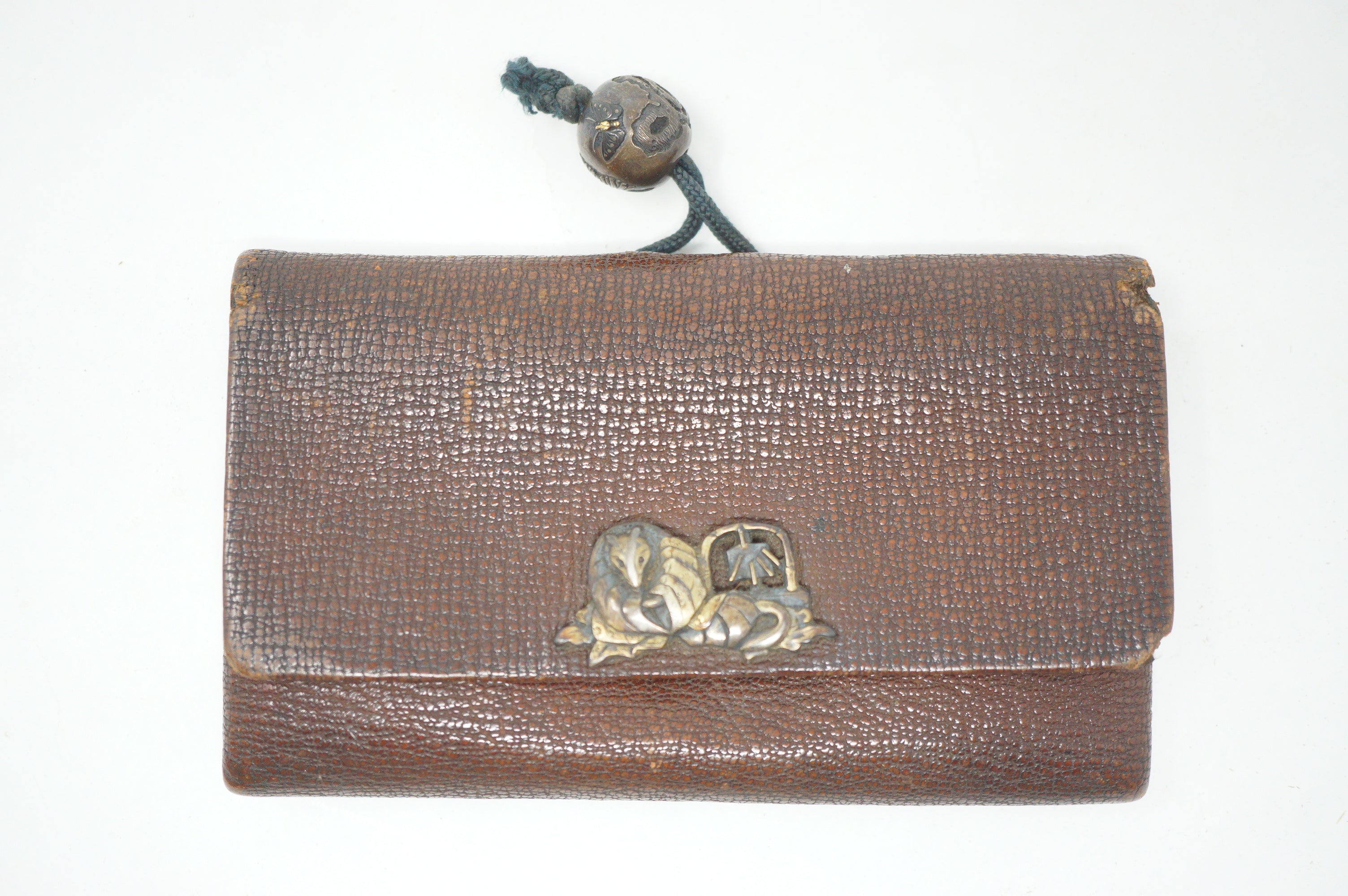 Japanese Leather Pouch with finely Crafted & Signed Ojime Antique from Japan 0428G3