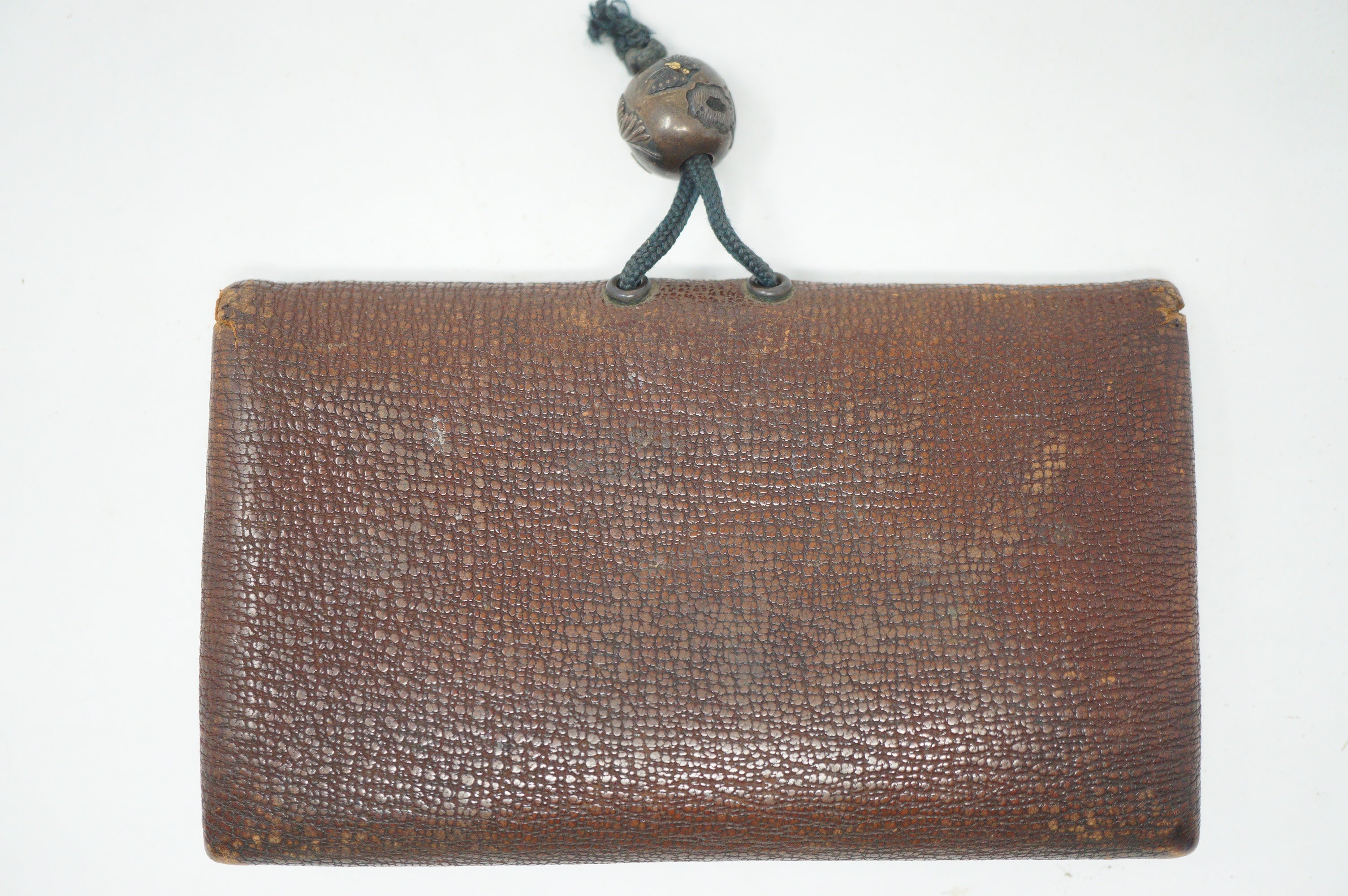 Japanese Leather Pouch with finely Crafted & Signed Ojime Antique from Japan 0428G3