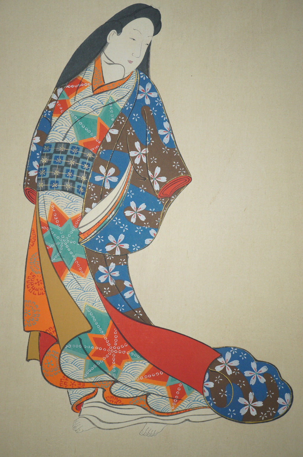 High Quality Binjinga Woodblockprint by Iwasa Matabei Vintage Recarved Edition 0622D3