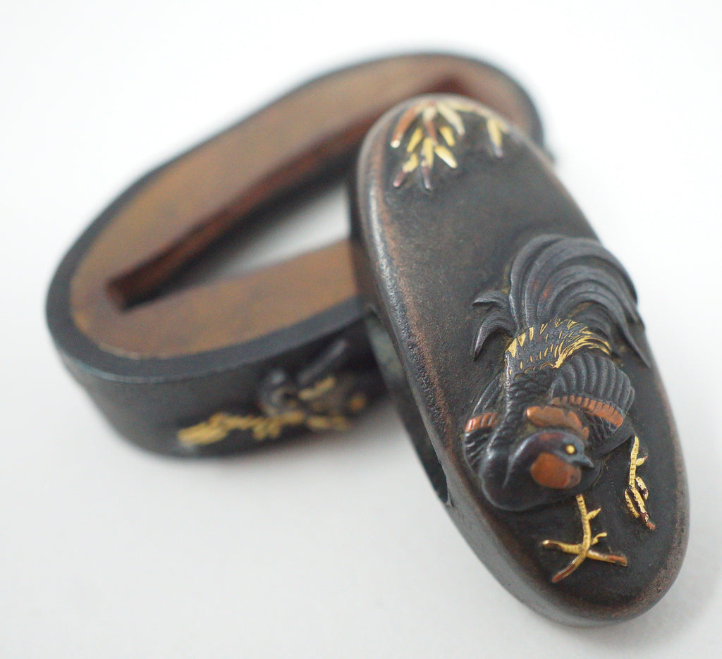 Japanese Kashira & Fuchi Sword Parts Set Rooster & Crane Design with Gold Inlays 0706D4