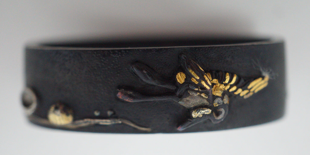Japanese Kashira & Fuchi Sword Parts Set Rooster & Crane Design with Gold Inlays 0706D4