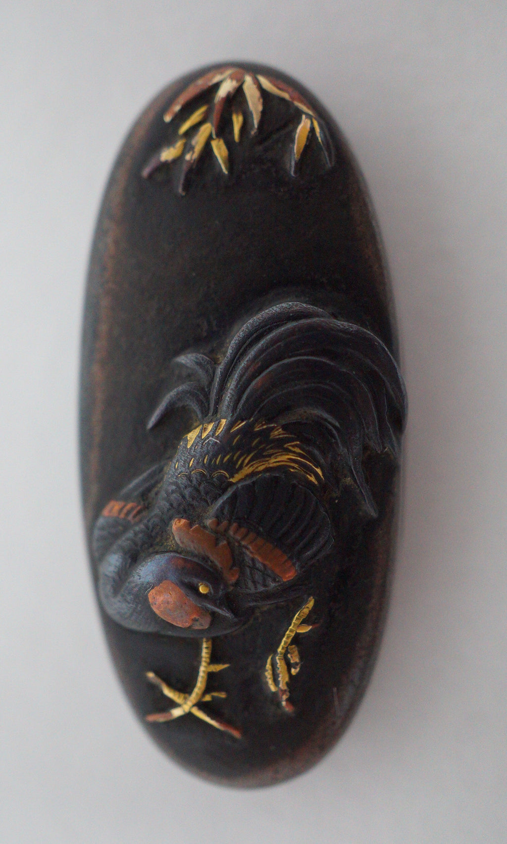 Japanese Kashira & Fuchi Sword Parts Set Rooster & Crane Design with Gold Inlays 0706D4