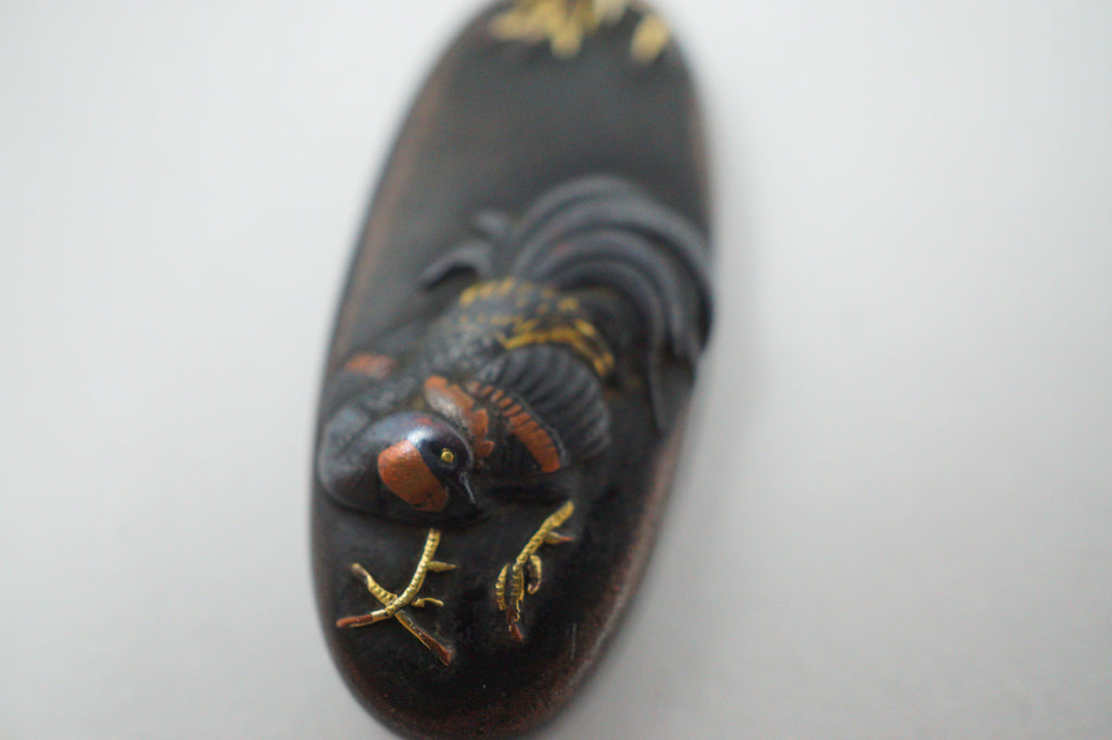 Japanese Kashira & Fuchi Sword Parts Set Rooster & Crane Design with Gold Inlays 0706D4