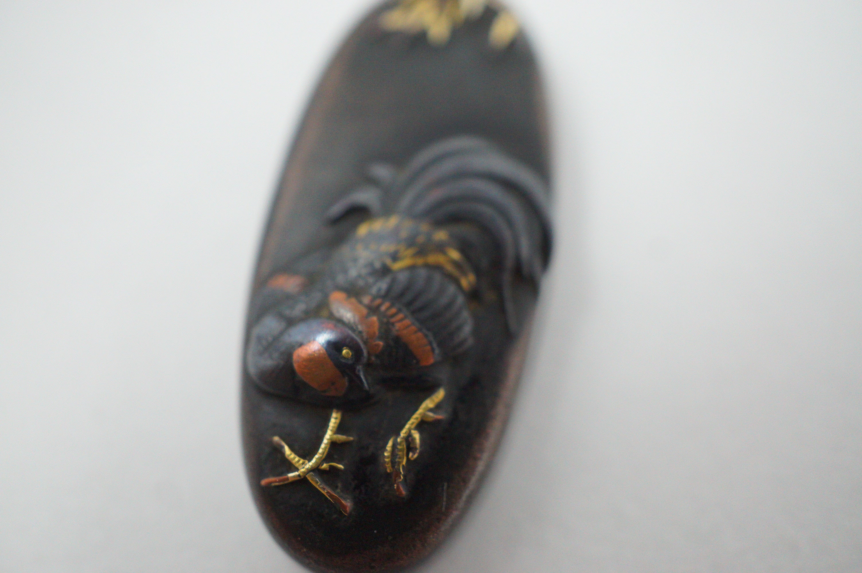 Japanese Kashira & Fuchi Sword Parts Set Rooster & Crane Design with Gold Inlays 0706D4