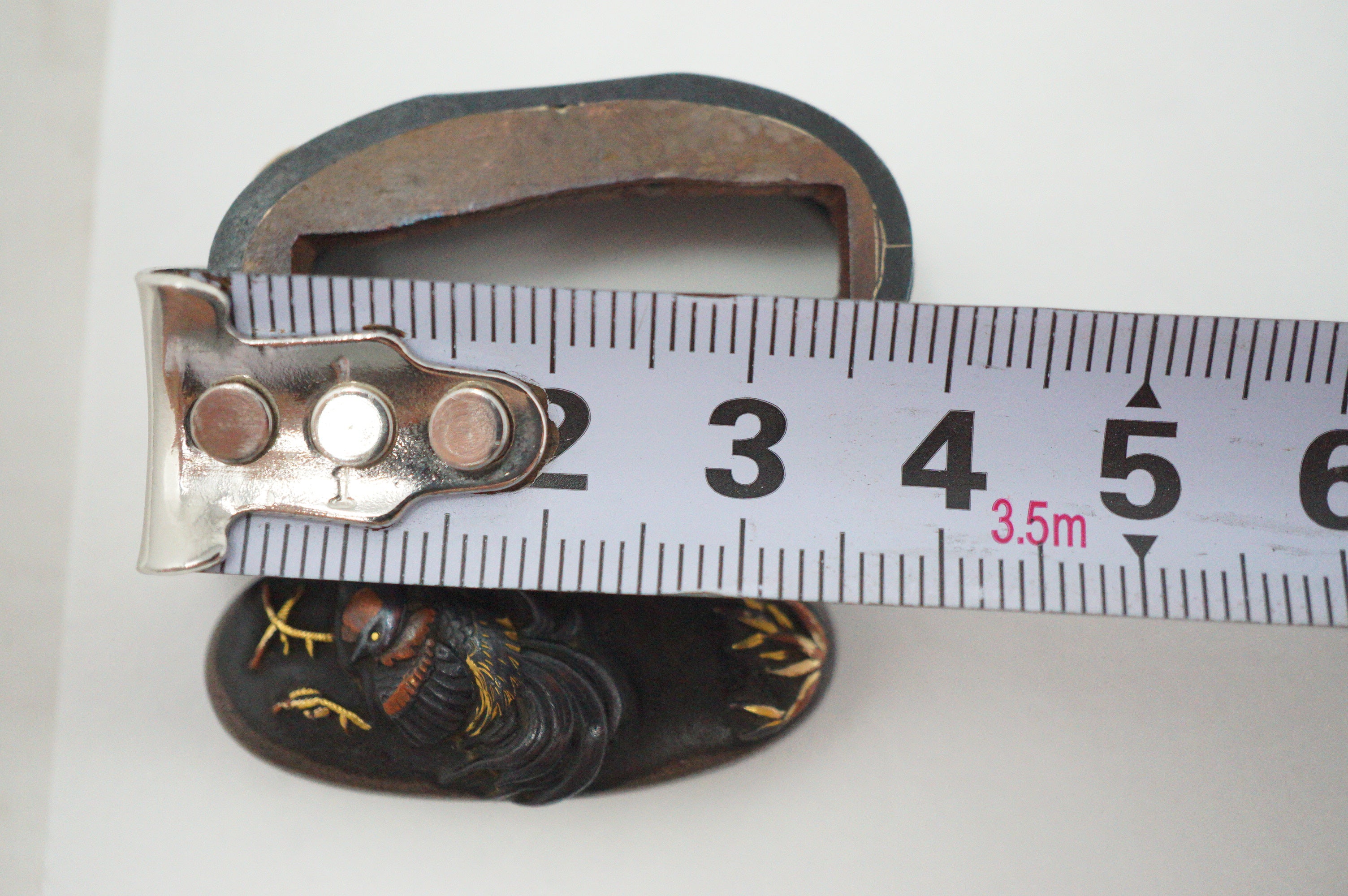 Japanese Kashira & Fuchi Sword Parts Set Rooster & Crane Design with Gold Inlays 0706D4