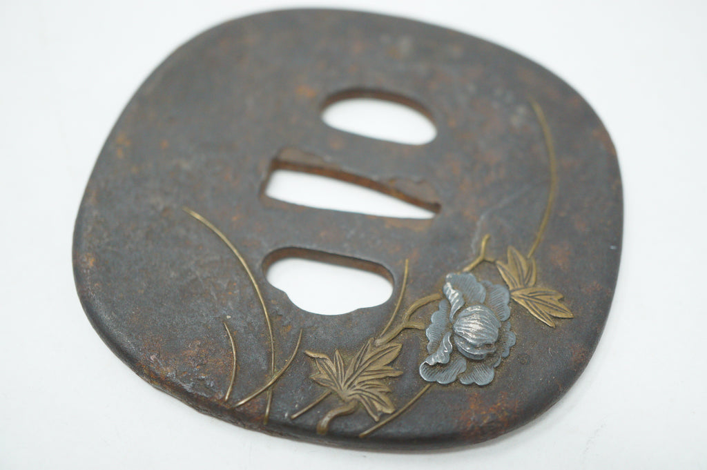 Japanese Tsuba Katana Sword Guard Edo Original with Silver Flower Design 0530E4
