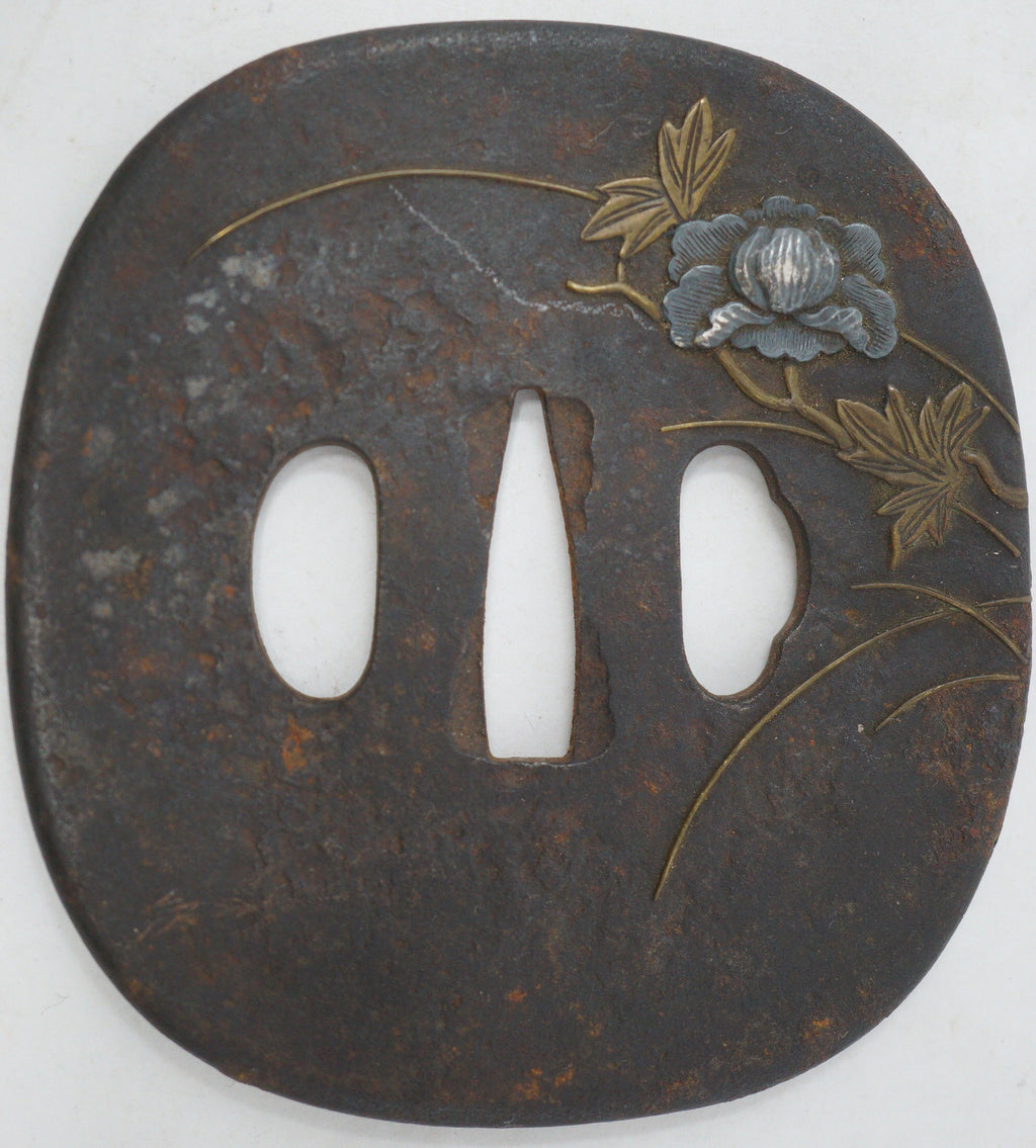 Japanese Tsuba Katana Sword Guard Edo Original with Silver Flower Design 0530E4