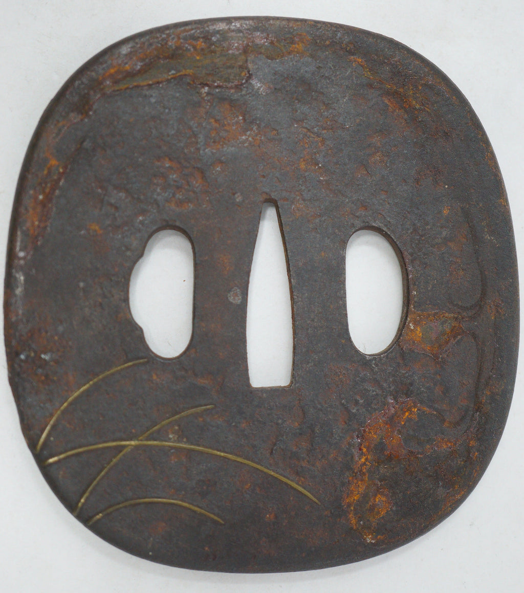 Japanese Tsuba Katana Sword Guard Edo Original with Silver Flower Design 0530E4