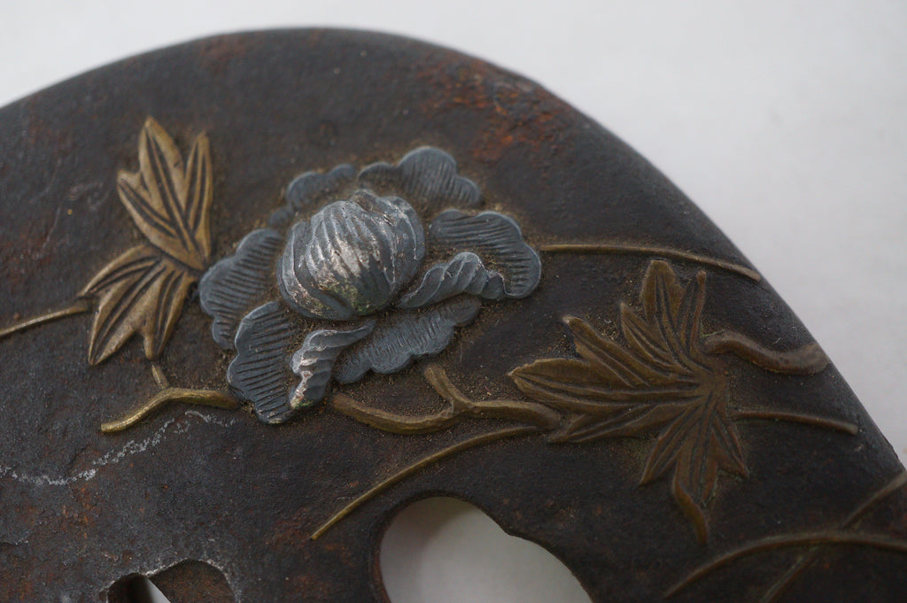 Japanese Tsuba Katana Sword Guard Edo Original with Silver Flower Design 0530E4