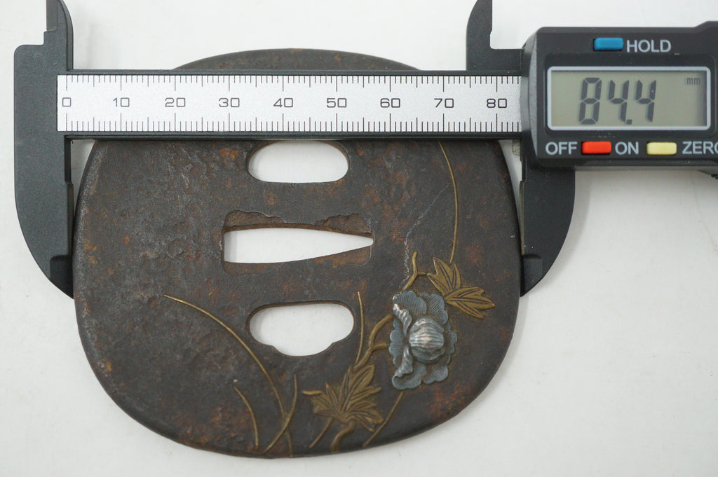 Japanese Tsuba Katana Sword Guard Edo Original with Silver Flower Design 0530E4