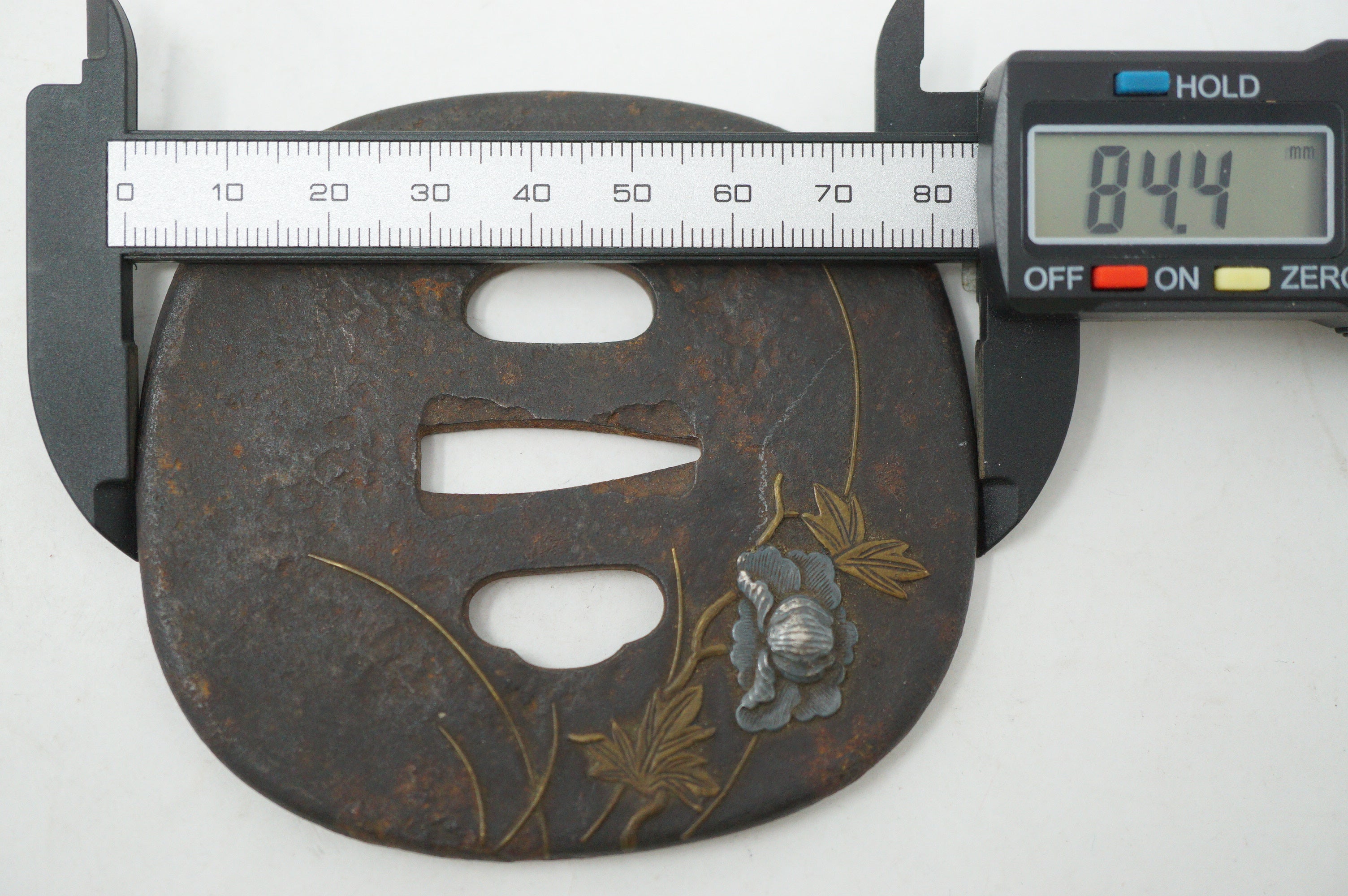 Japanese Tsuba Katana Sword Guard Edo Original with Silver Flower Design 0530E4