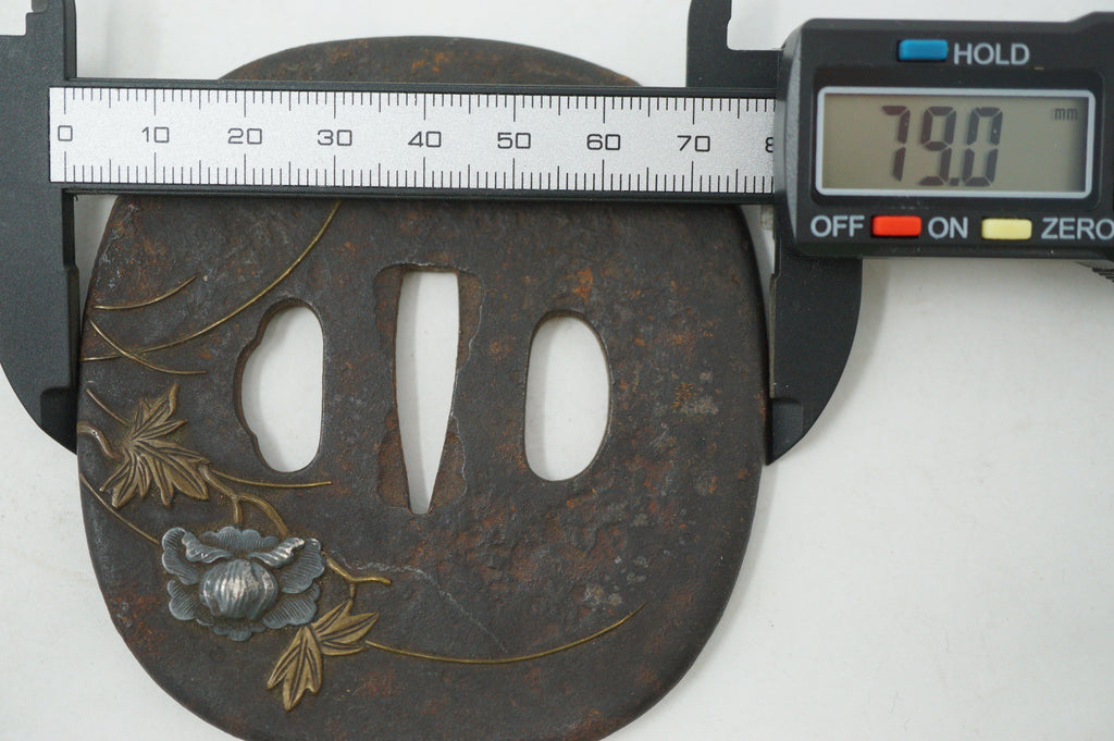 Japanese Tsuba Katana Sword Guard Edo Original with Silver Flower Design 0530E4