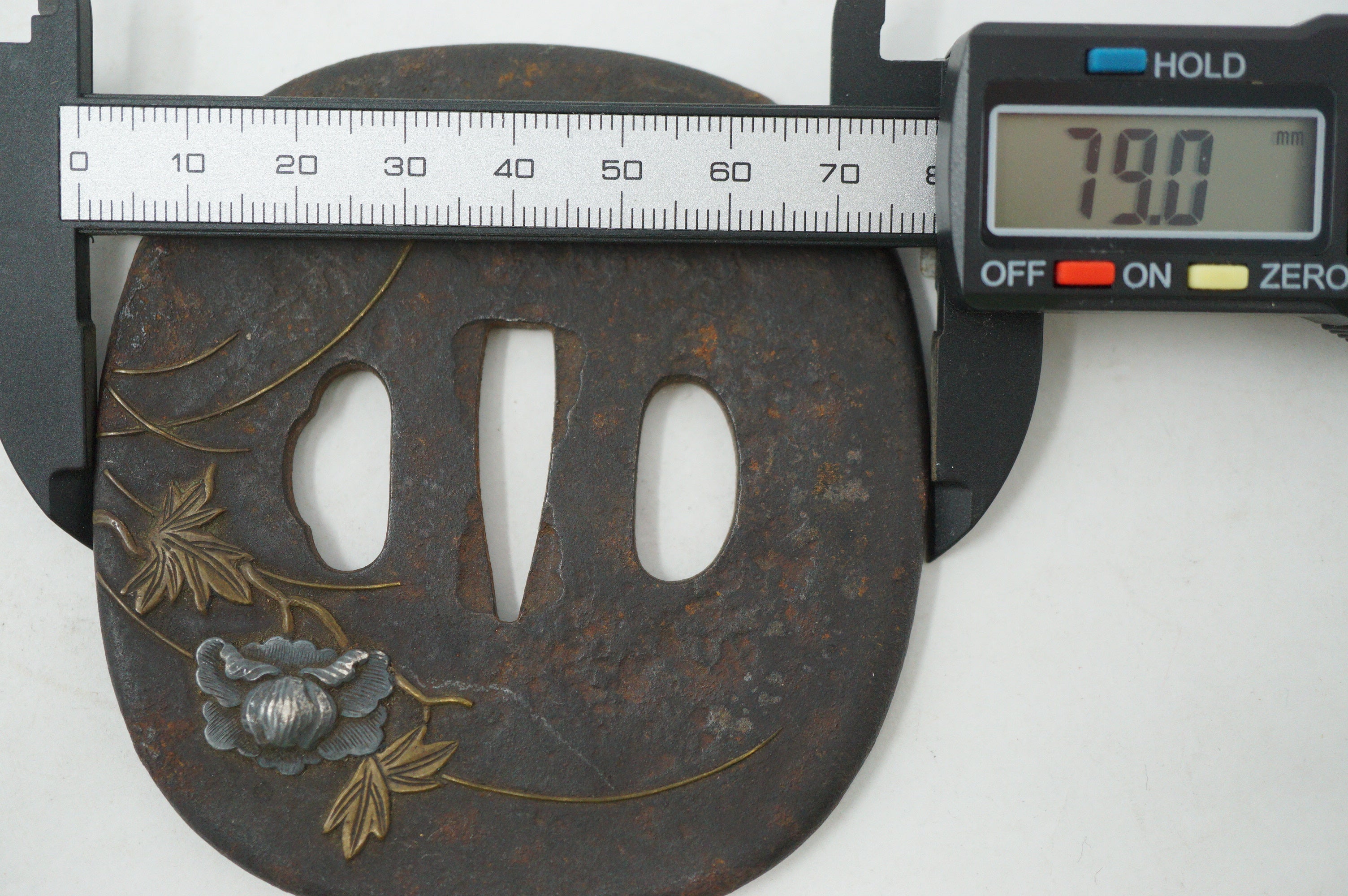 Japanese Tsuba Katana Sword Guard Edo Original with Silver Flower Design 0530E4