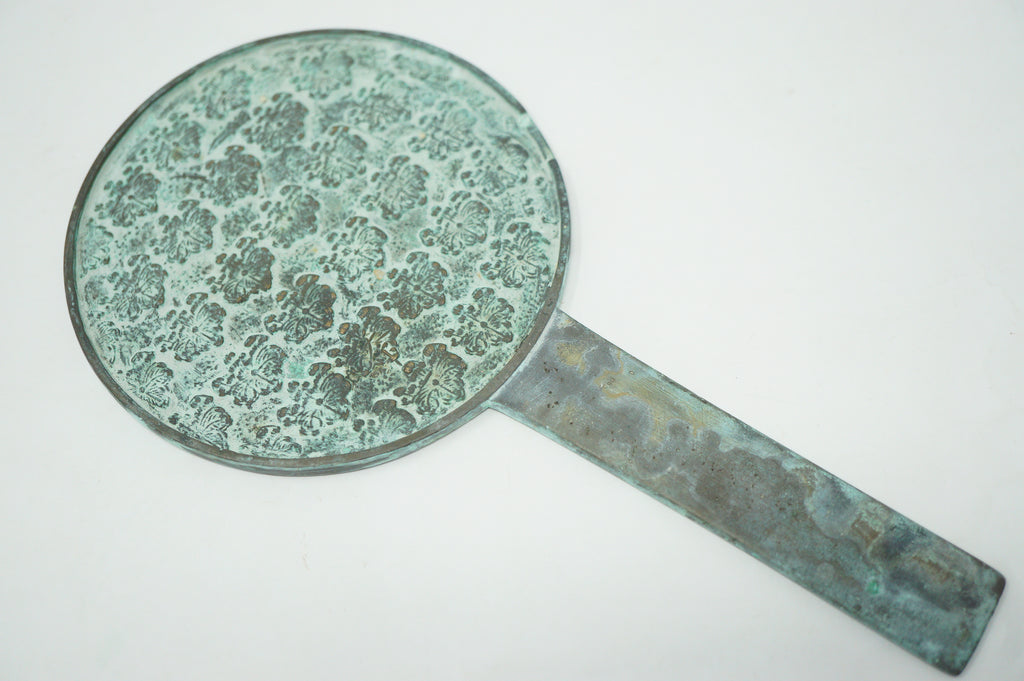 Japanese Antique Tekami Hand Mirror with Toyotomi Family Crest from Japan 0204F4