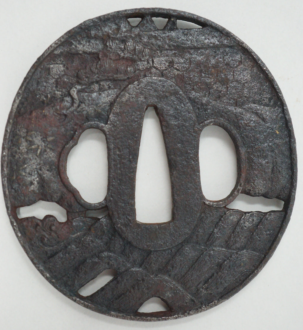 Japanese Tsuba Iron Sword Guard for Katana or Wakizashi Samurai Design & Signed 1201F4