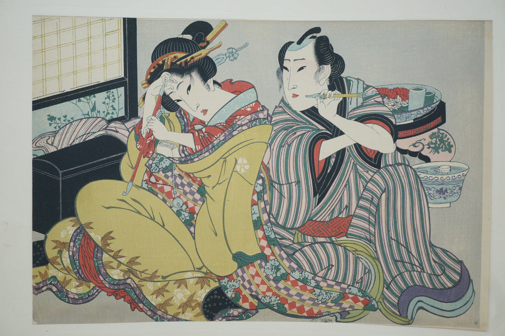 Japanese Quality 1920s Woodblock Reprint by  Keisai Eisen -Pipe Smokers 0904E4
